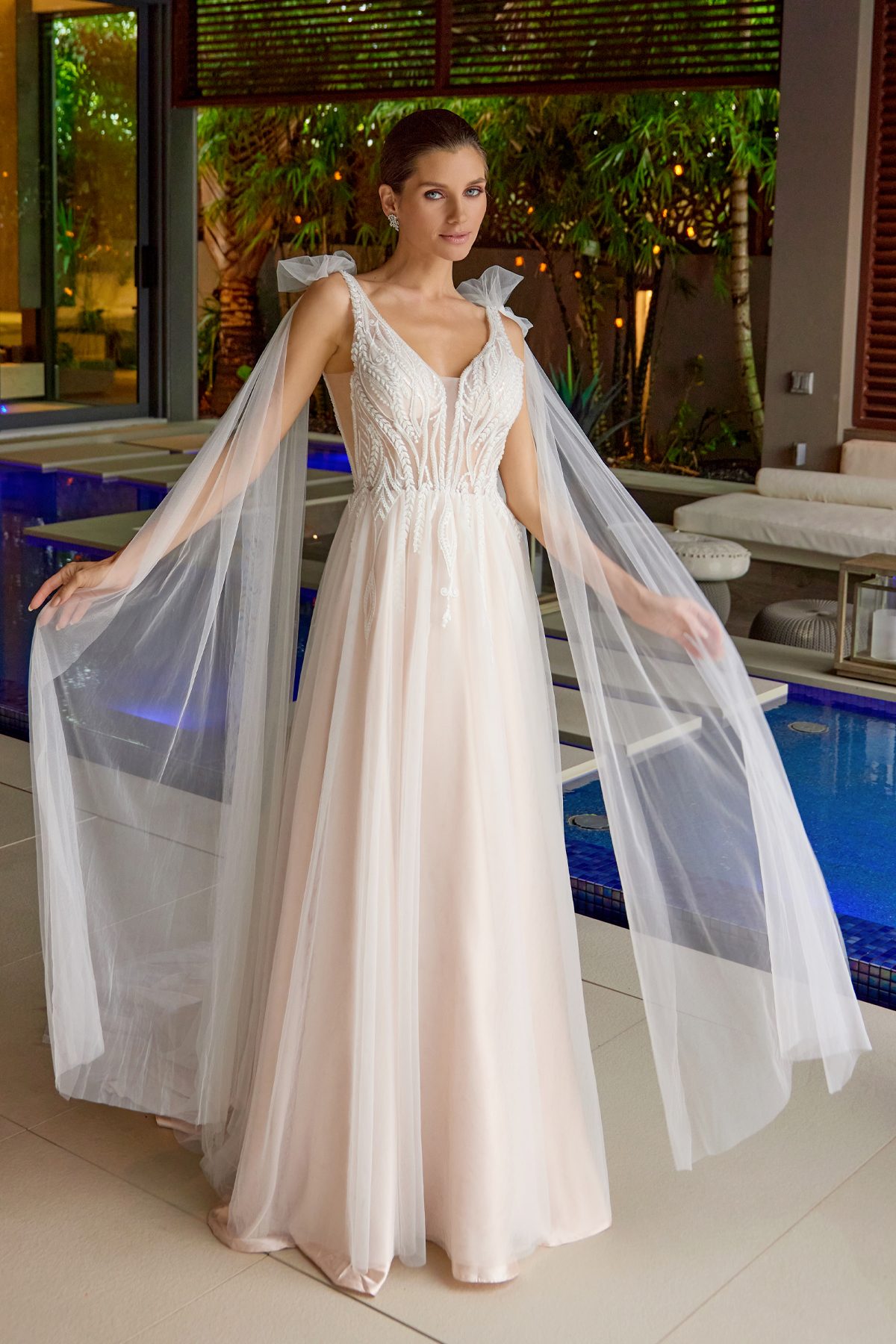 Juliet nude formal dress Style 2602 at Elizabeth's Boutique in Scranton PA, front view