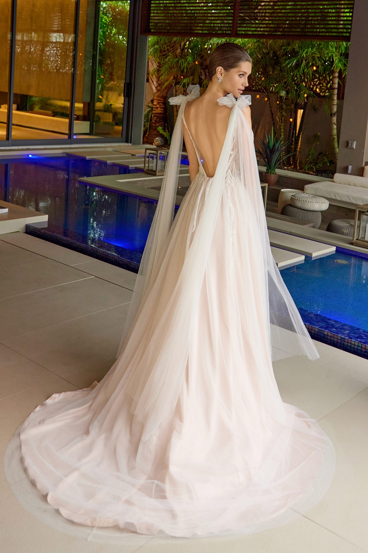 Juliet nude formal dress Style 2602 at Elizabeth's Boutique in Scranton PA, back view