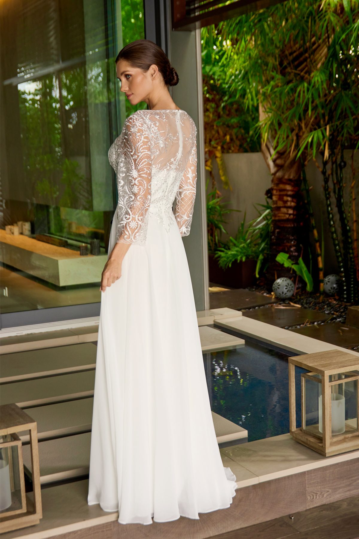 Juliet off white formal dress Style M11 at Elizabeth's Boutique in Scranton PA, back view