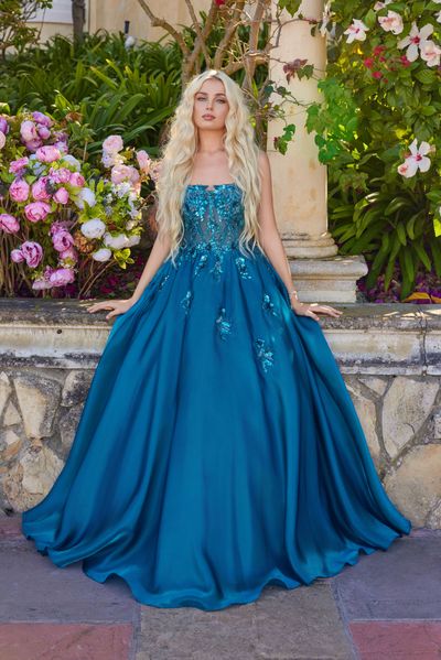 Teal quinceañera ball gown with jeweled bodice