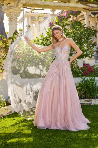 Blush quinceañera ball gown with layered ruffles