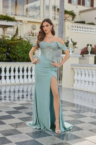 Sage green quinceañera ball gown with embroidered bodice