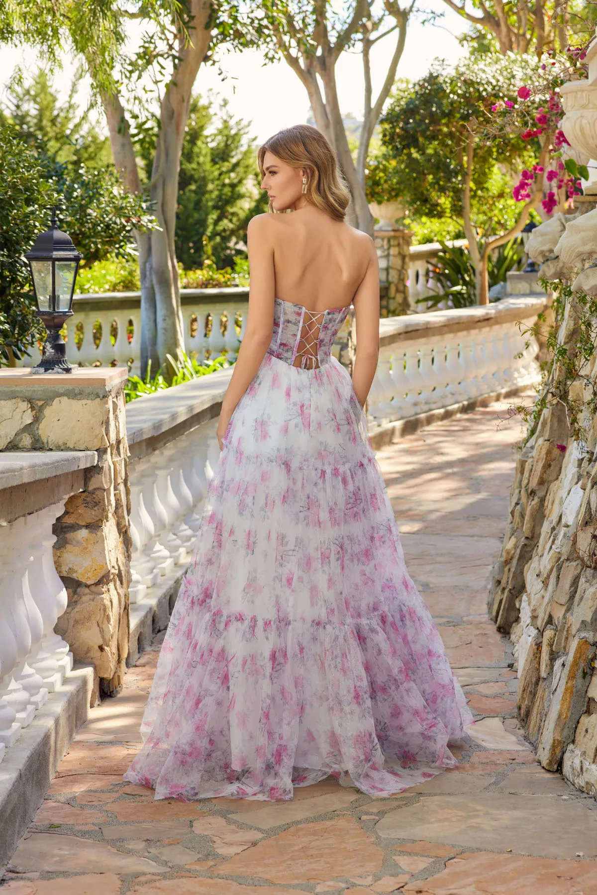 Juliet white pink formal dress Style 2507A at Elizabeth's Boutique in Scranton PA, back view