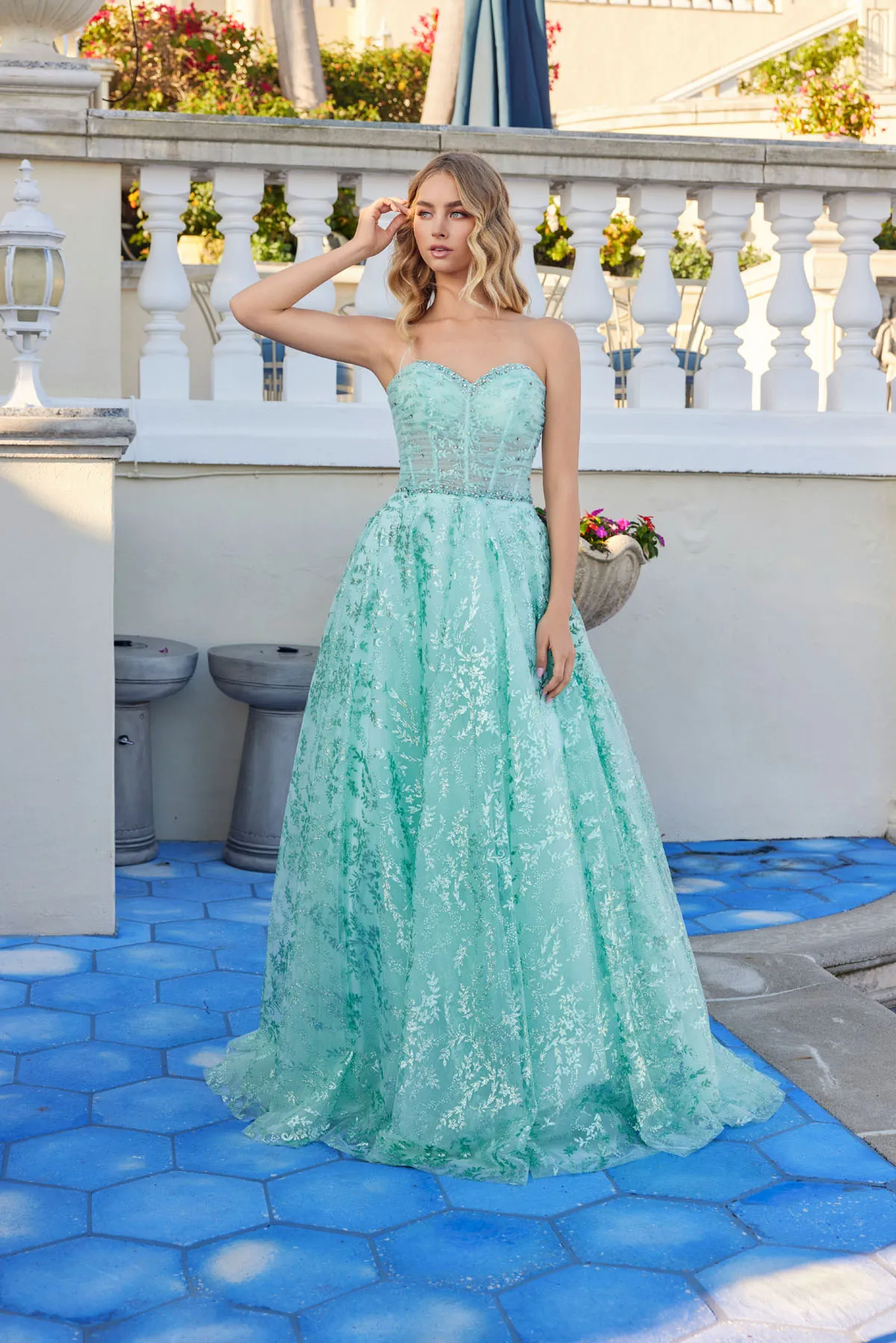 Juliet mint green formal dress Style 2547S at Elizabeth's Boutique in Scranton PA, front view