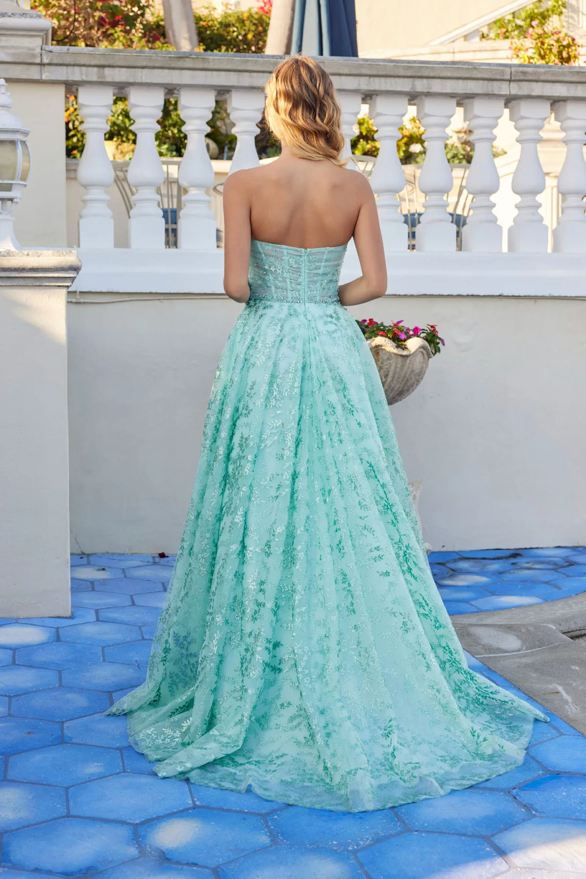 Juliet mint green formal dress Style 2547S at Elizabeth's Boutique in Scranton PA, back view