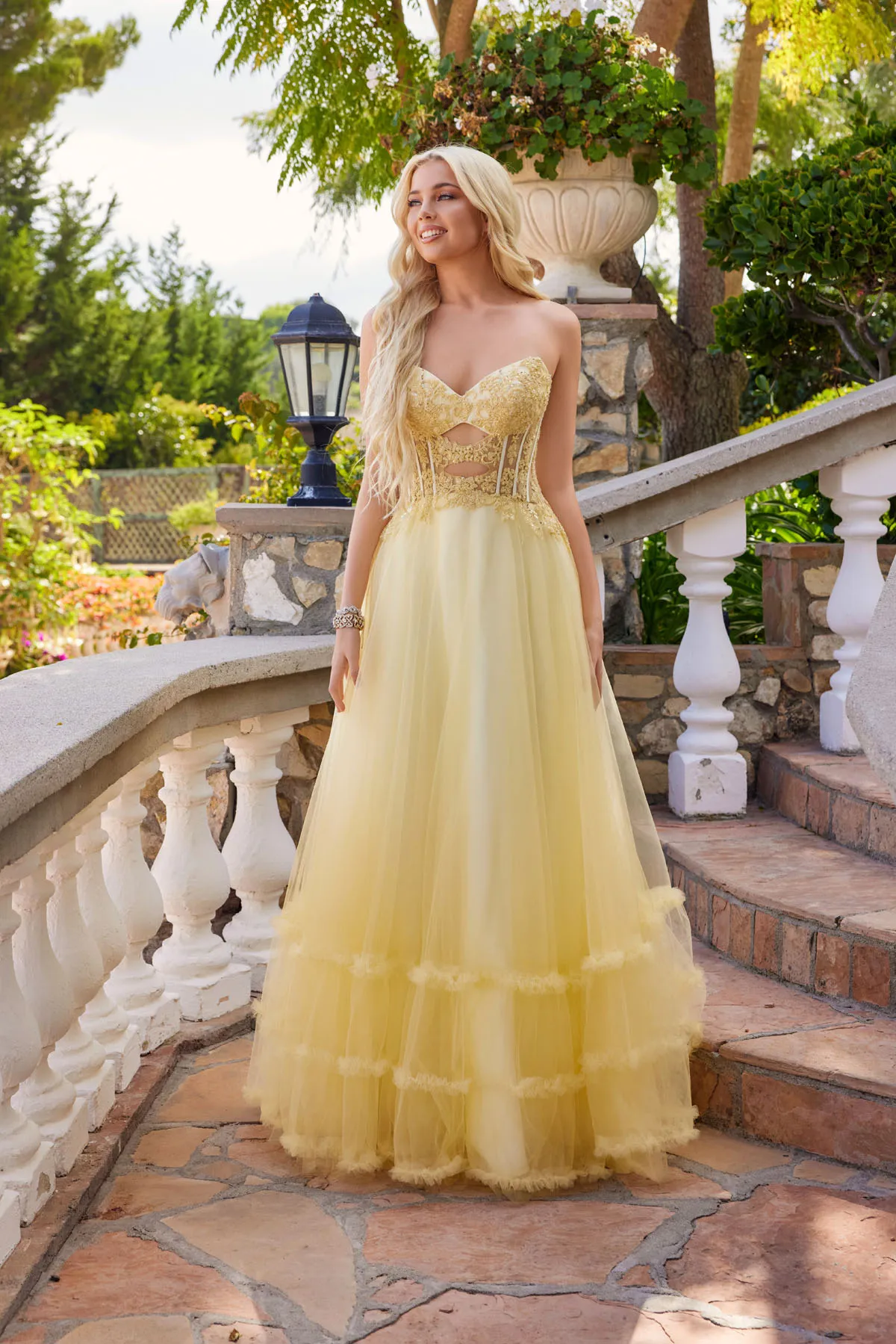 Juliet yellow formal dress Style 2561S at Elizabeth's Boutique in Scranton PA, front view