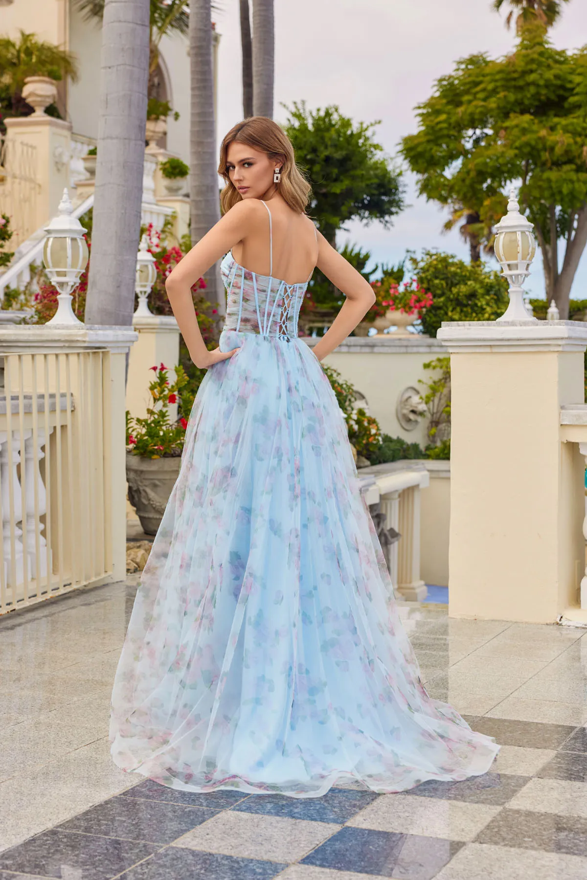 Juliet light blue formal dress Style 2562S at Elizabeth's Boutique in Scranton PA, back view