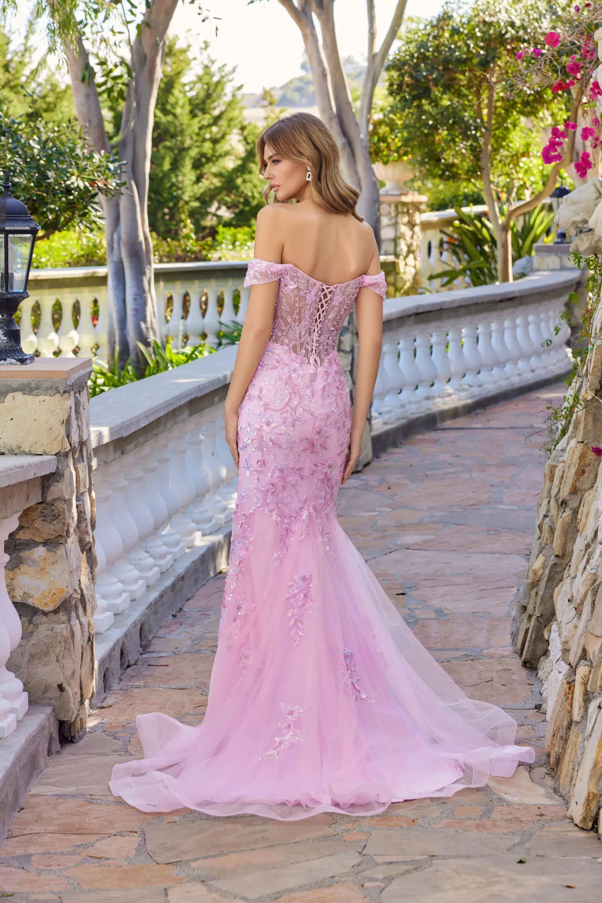 Juliet baby pink formal dress Style 2612N at Elizabeth's Boutique in Scranton PA, back view