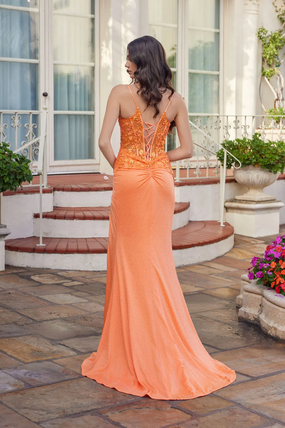 Juliet orange formal dress Style 2613N at Elizabeth's Boutique in Scranton PA, back view
