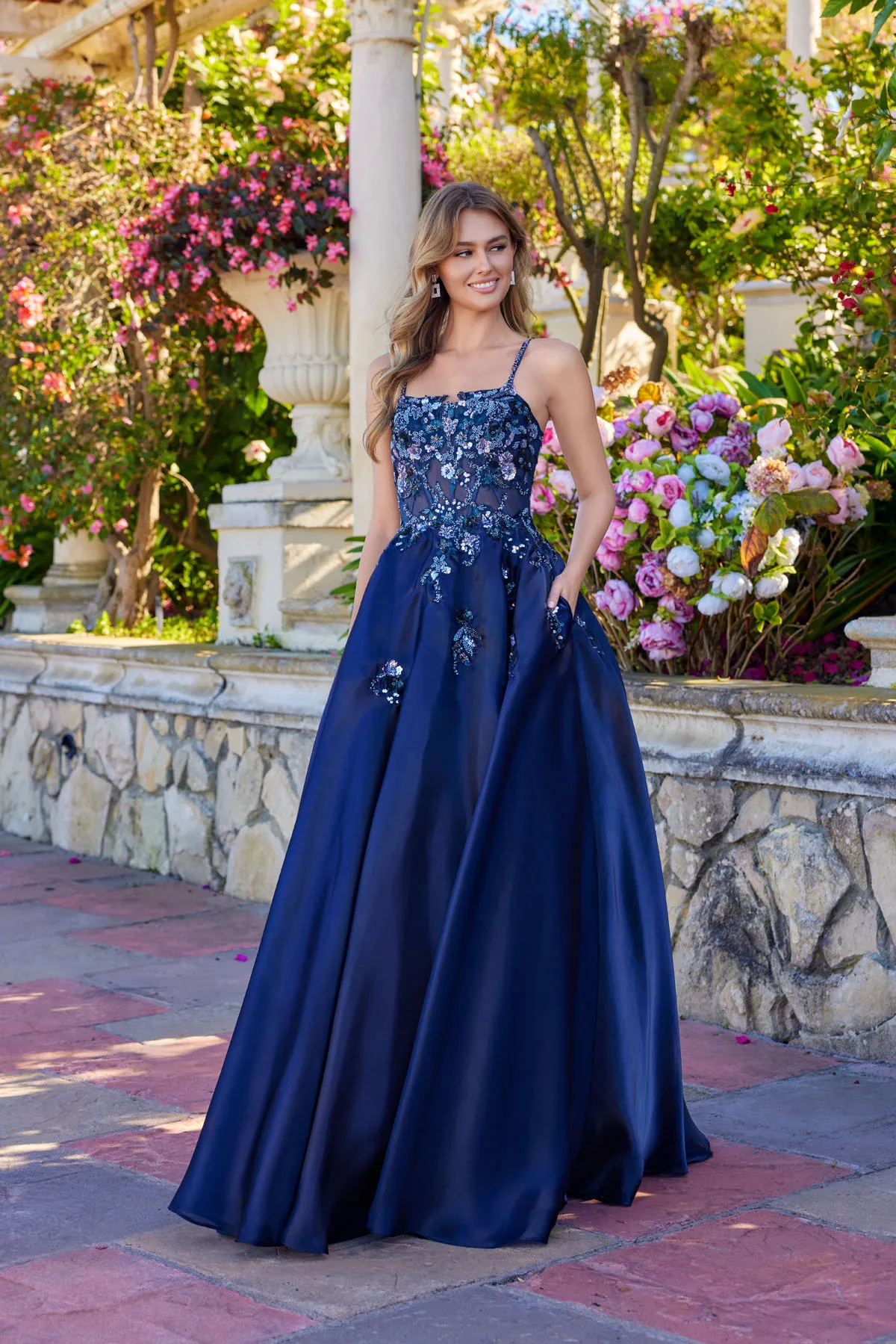 Juliet navy blue formal dress Style 2617U at Elizabeth's Boutique in Scranton PA, front view