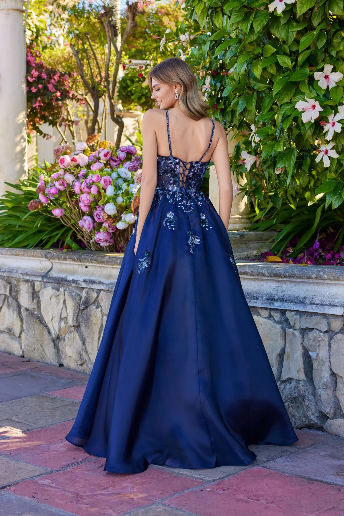 Juliet navy blue formal dress Style 2617U at Elizabeth's Boutique in Scranton PA, back view
