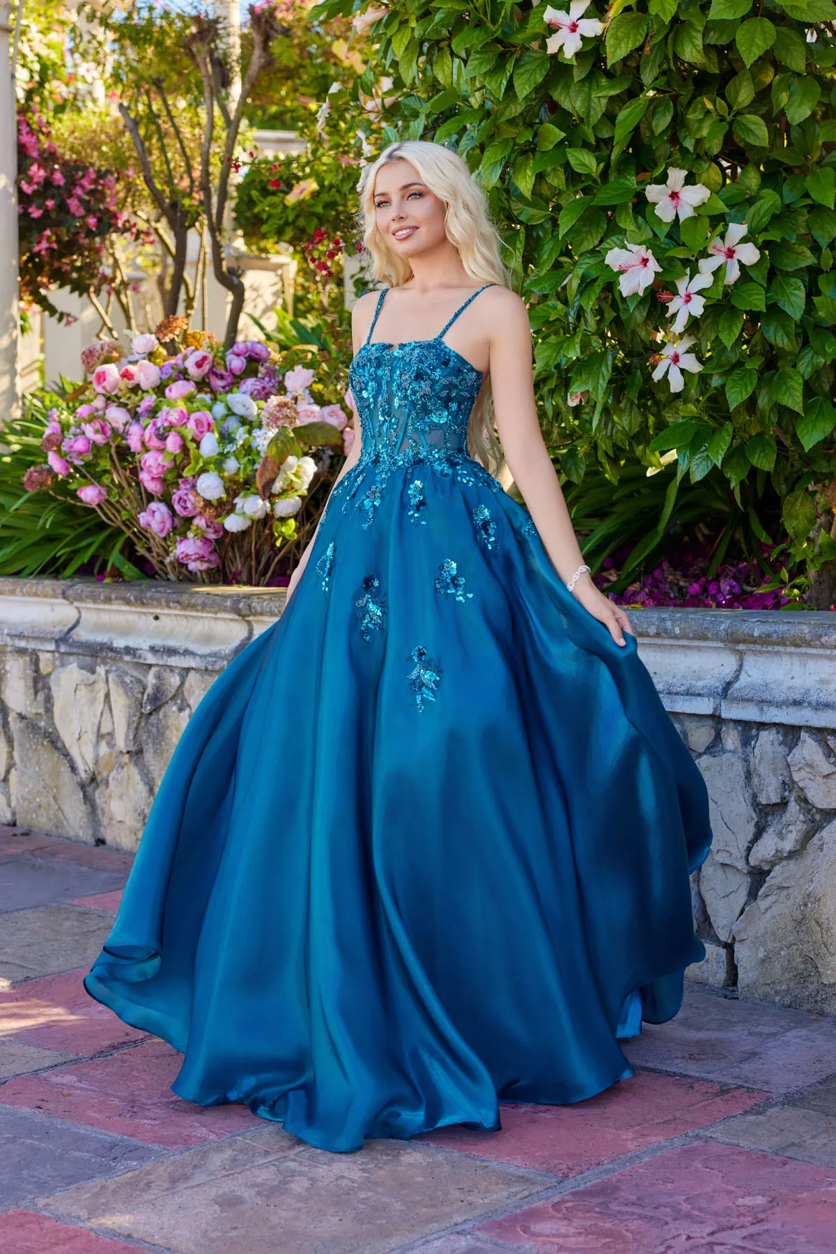 Juliet teal formal dress Style 2617U at Elizabeth's Boutique in Scranton PA, front view