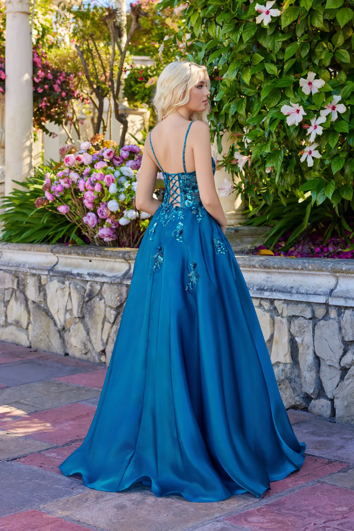 Juliet teal formal dress Style 2617U at Elizabeth's Boutique in Scranton PA, back view