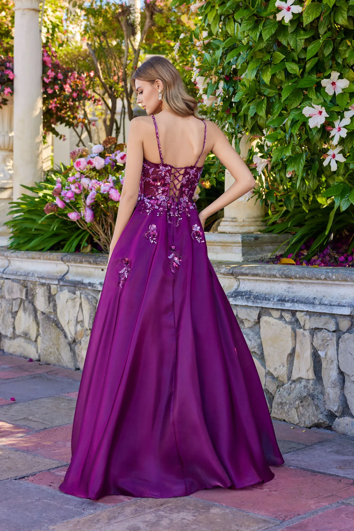 Juliet wine formal dress Style 2617U at Elizabeth's Boutique in Scranton PA, back view