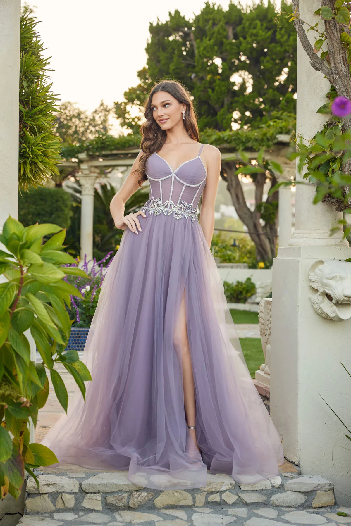 Juliet grey purple formal dress Style 2638G at Elizabeth's Boutique in Scranton PA, front view