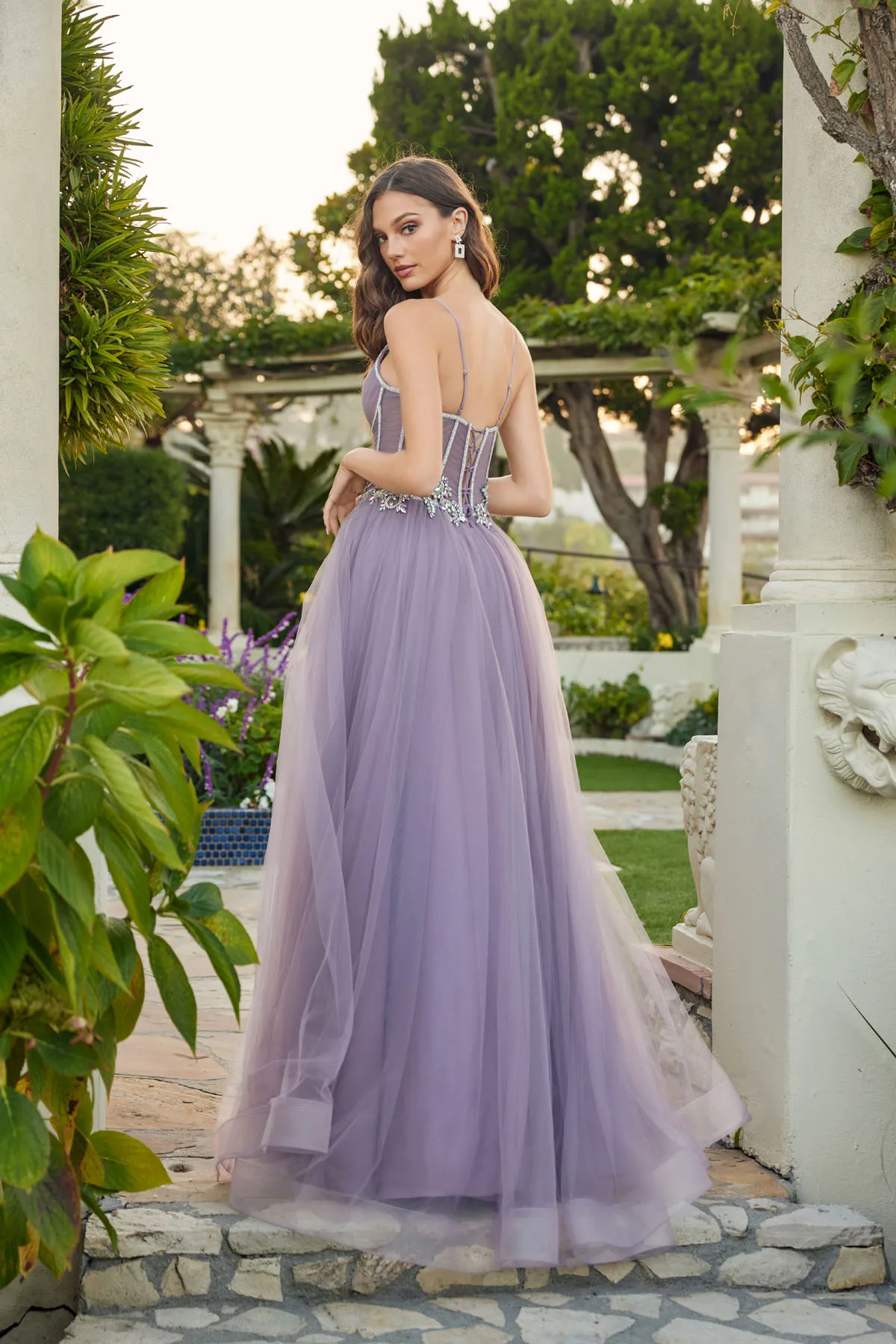Juliet grey purple formal dress Style 2638G at Elizabeth's Boutique in Scranton PA, back view