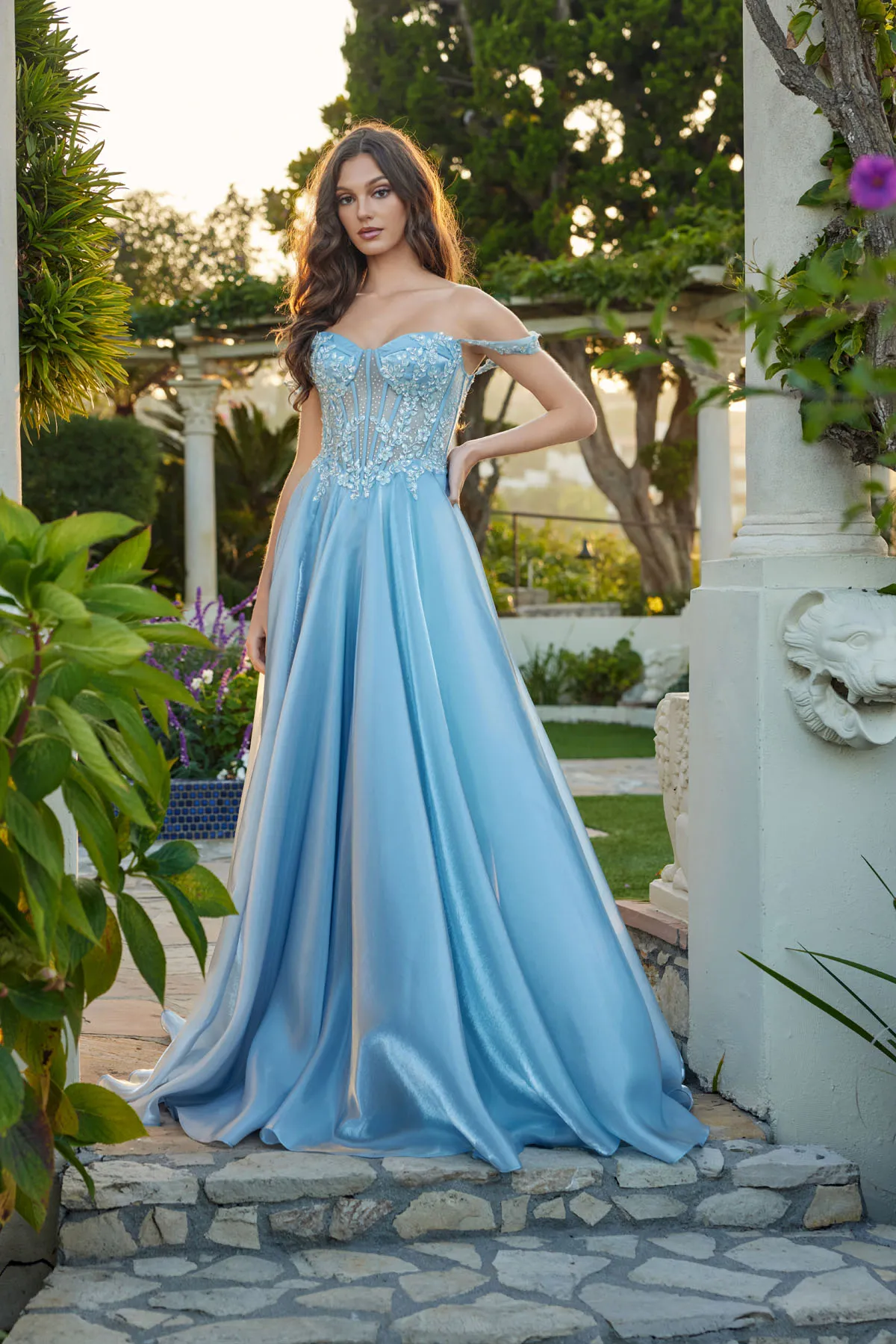 Juliet dusty blue formal dress Style 2639G at Elizabeth's Boutique in Scranton PA, front view