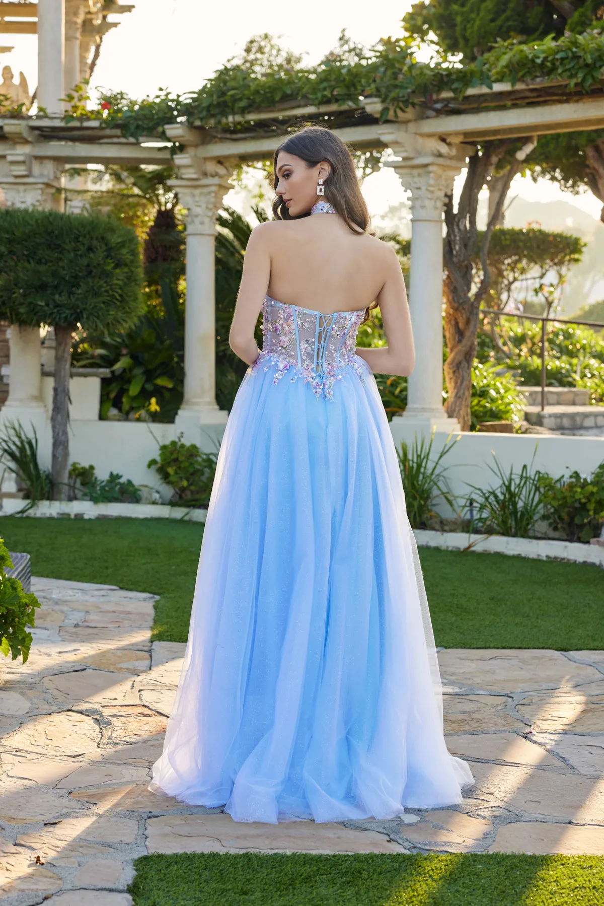 Juliet perry blue formal dress Style 2682A at Elizabeth's Boutique in Scranton PA, back view