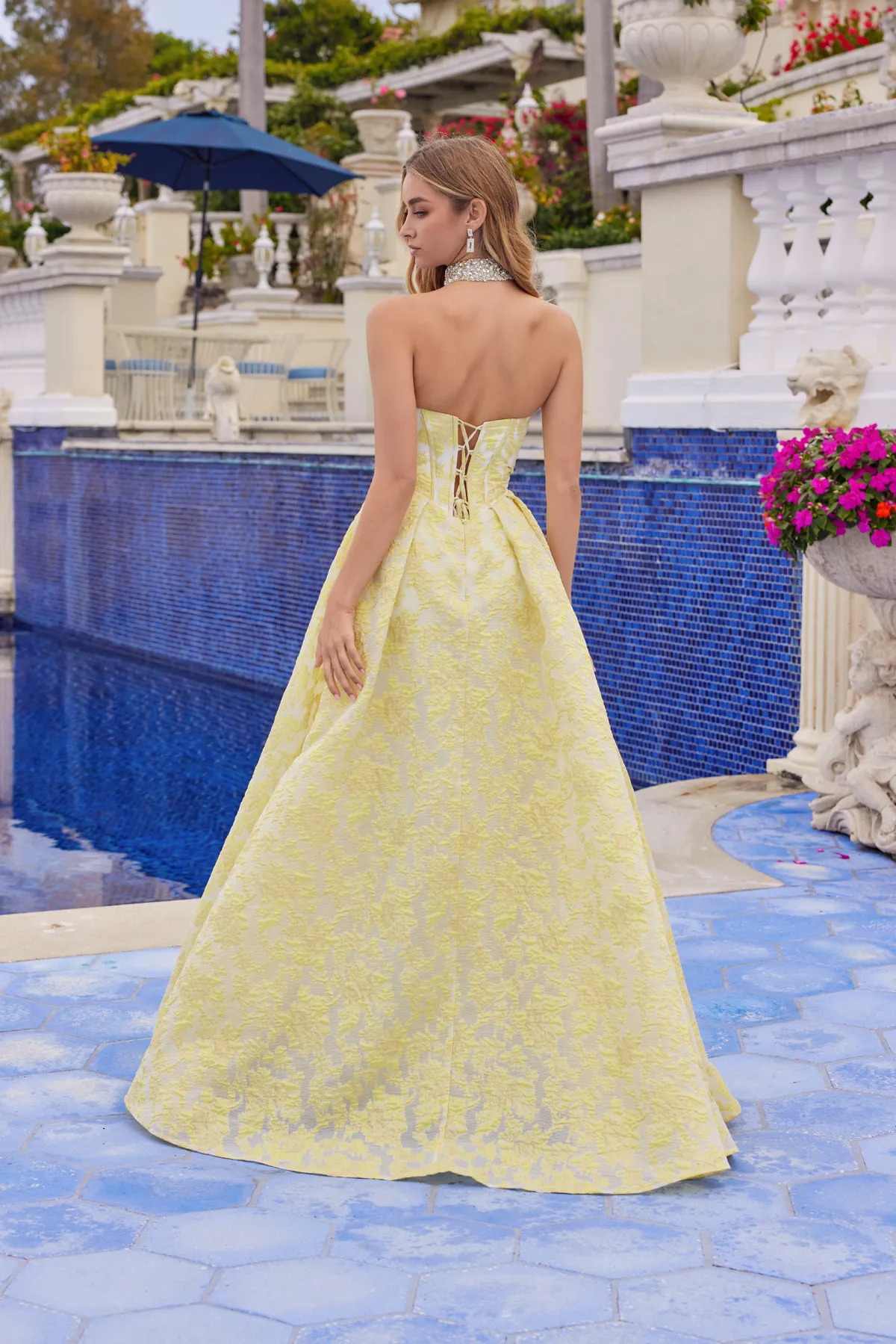 Juliet yellow formal dress Style 2693A at Elizabeth's Boutique in Scranton PA, back view