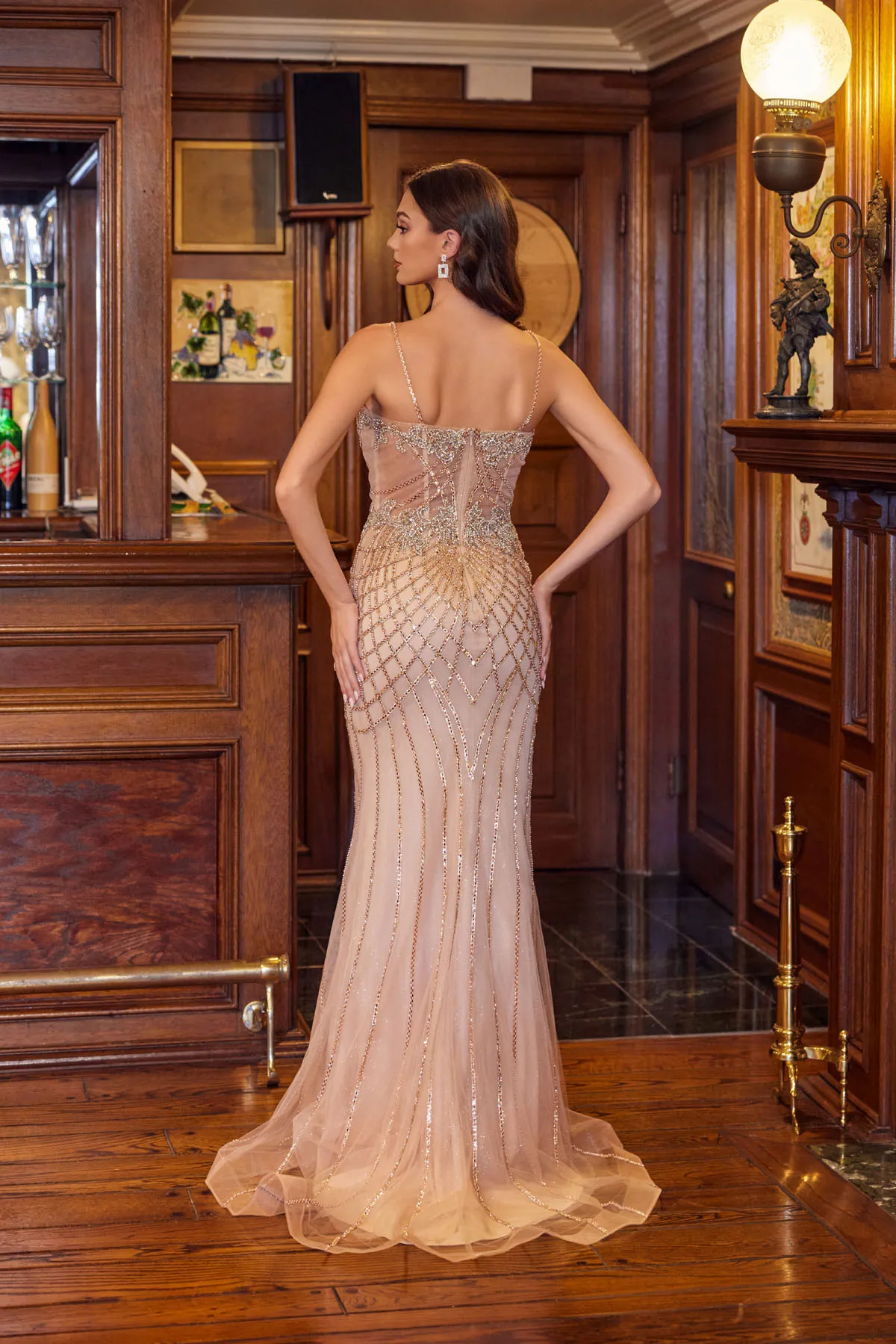 Juliet rose gold formal dress Style 2709T at Elizabeth's Boutique in Scranton PA, back view