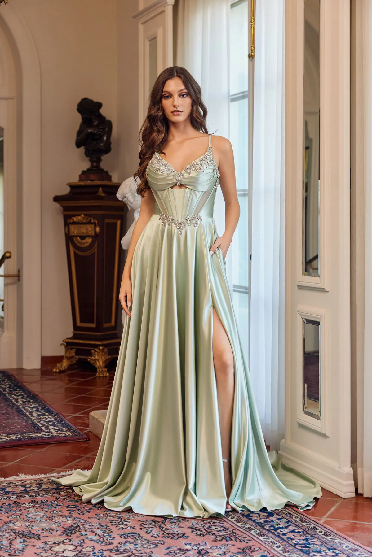 Juliet apple green formal dress Style 2711T at Elizabeth's Boutique in Scranton PA, front view