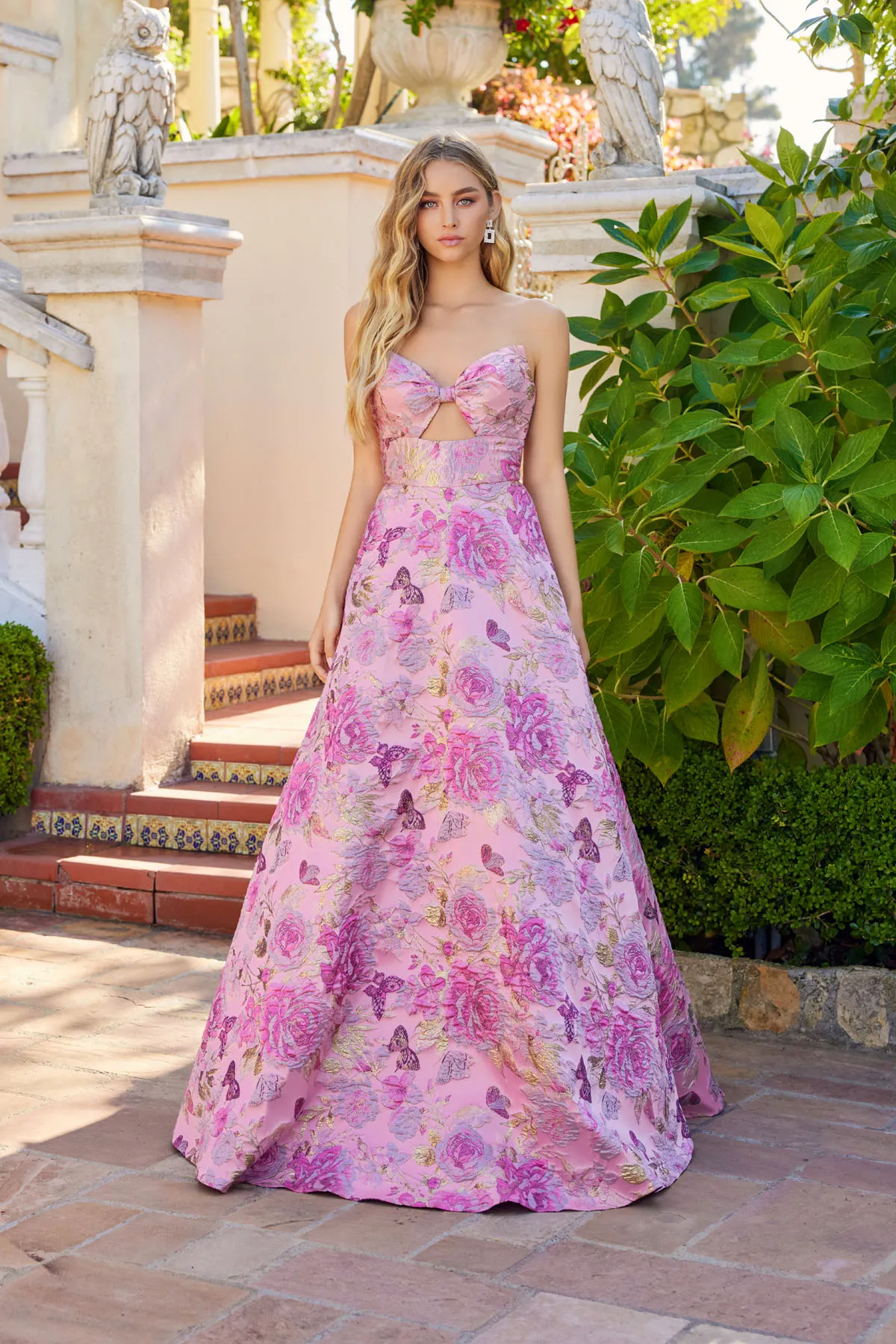 Juliet pink floral formal dress Style 2735H at Elizabeth's Boutique in Scranton PA, front view
