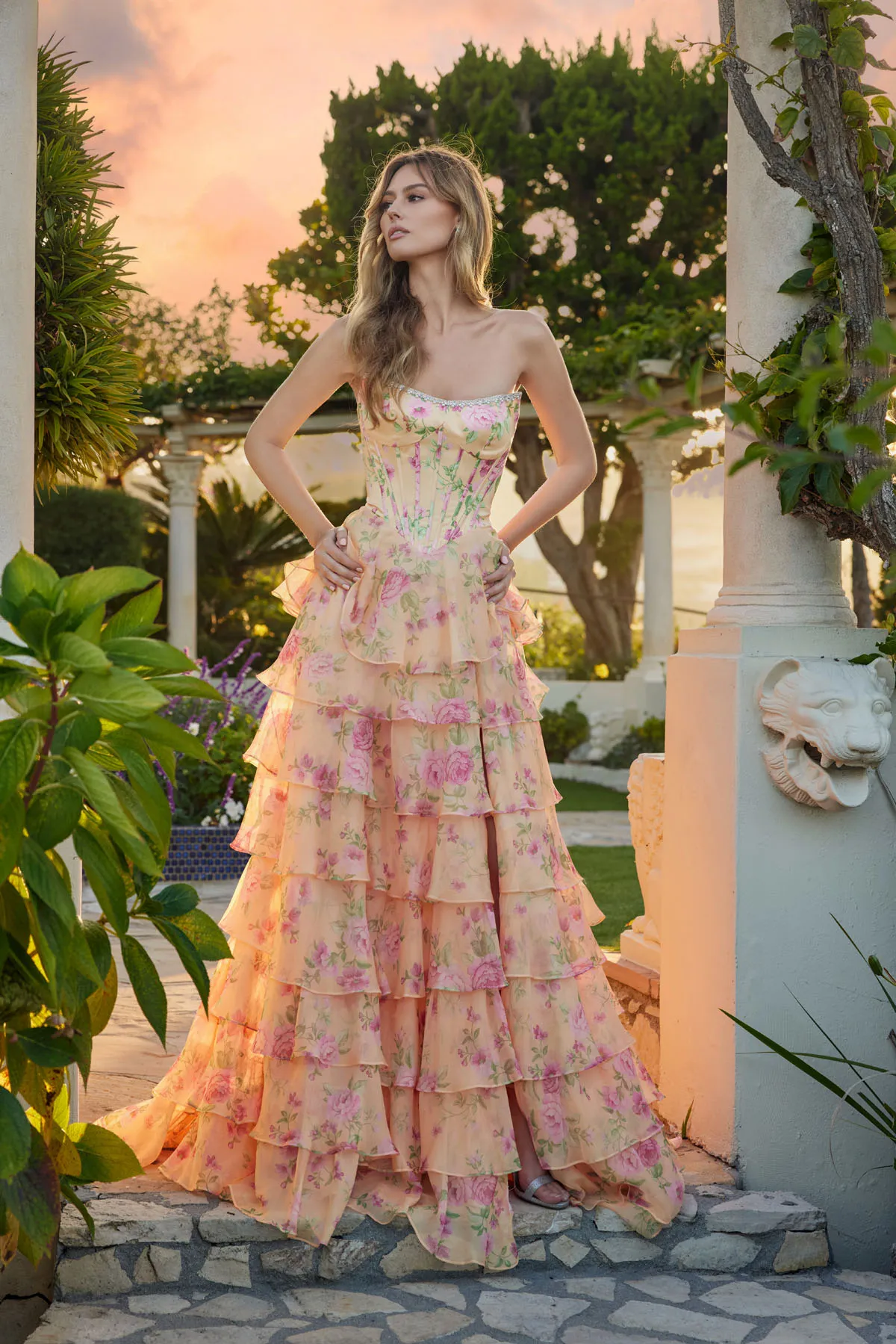 Juliet pastel yellow flora formal dress Style 2739S at Elizabeth's Boutique in Scranton PA, front view