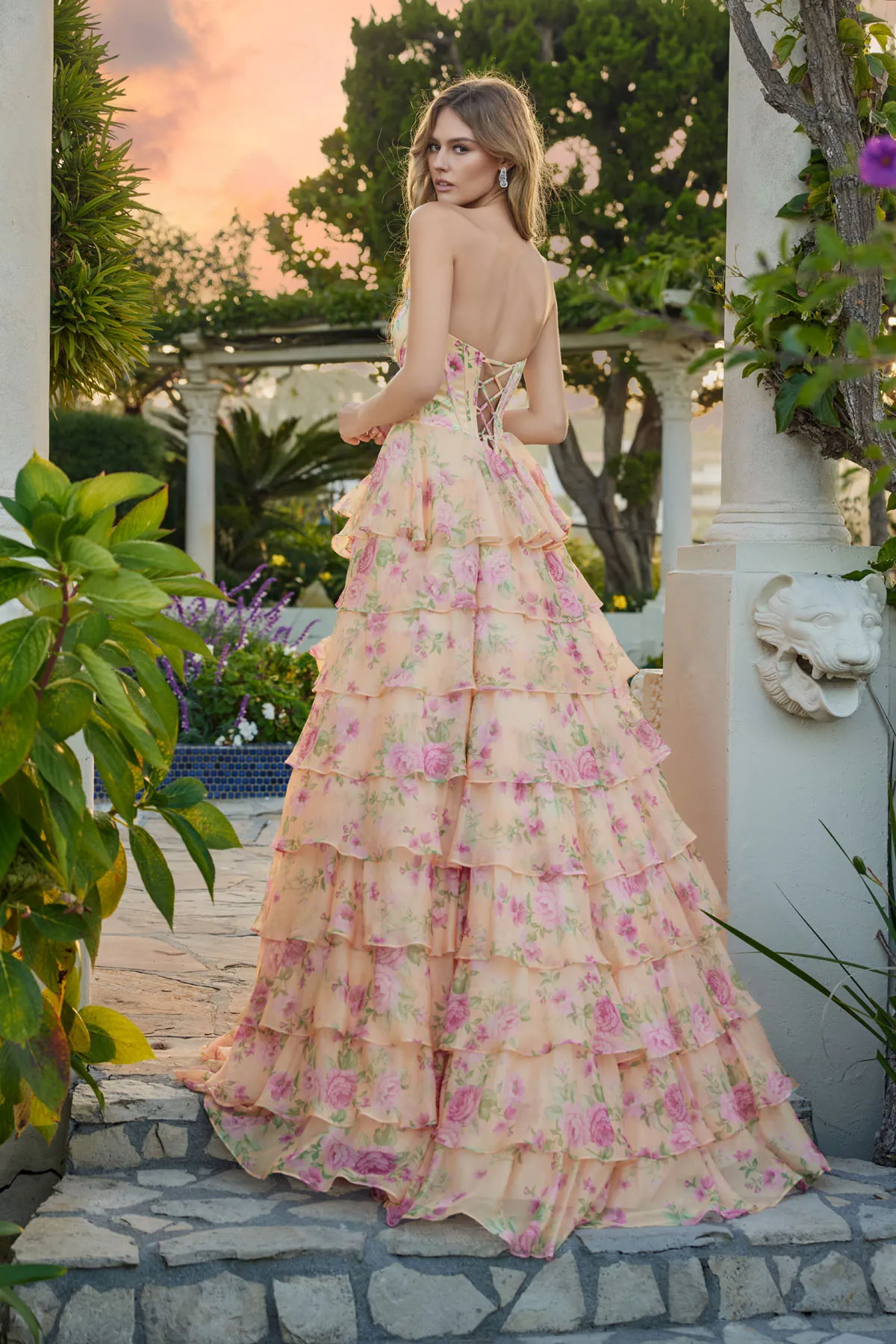 Juliet pastel yellow flora formal dress Style 2739S at Elizabeth's Boutique in Scranton PA, back view
