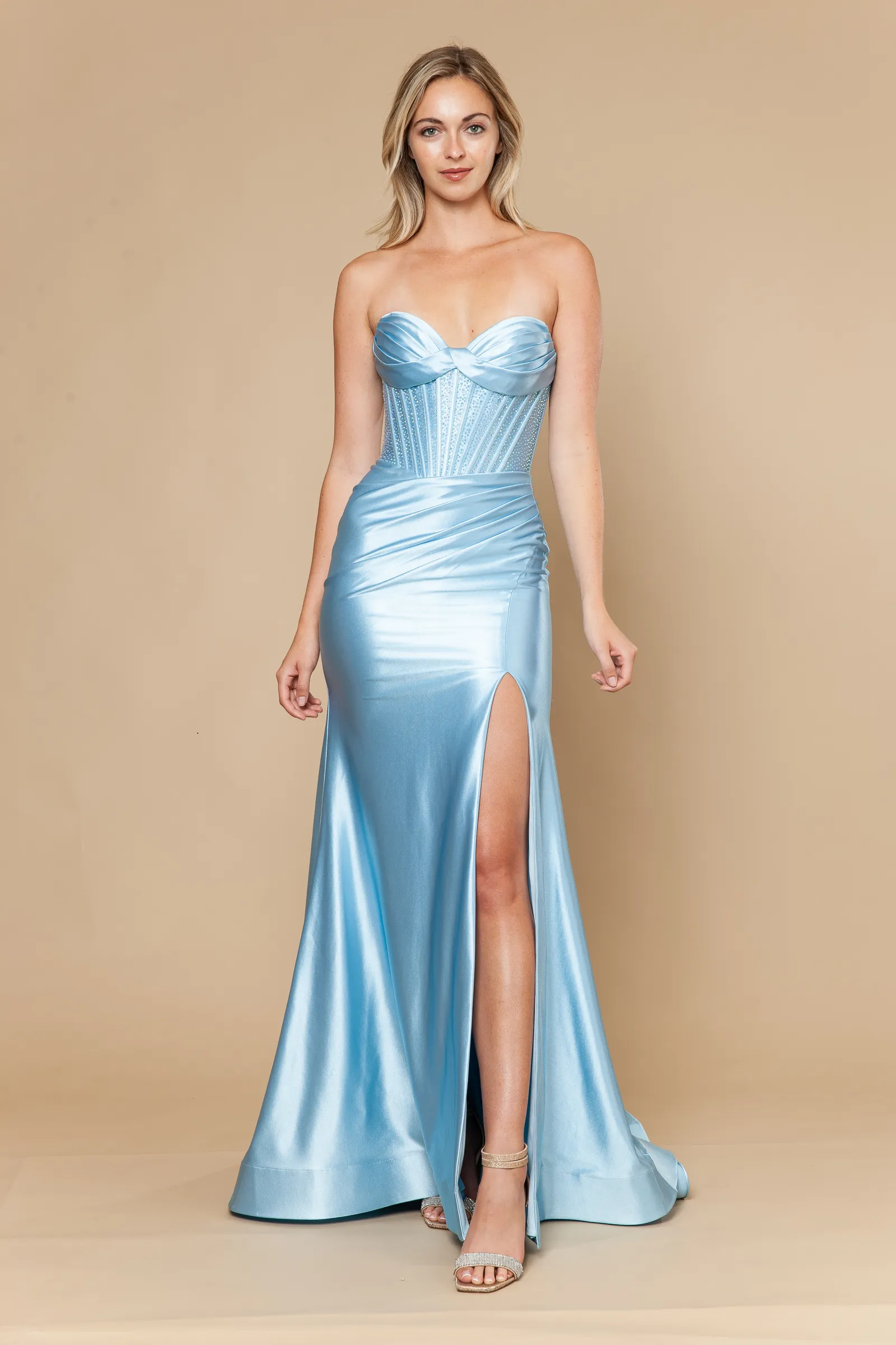 Poly USA blue prom dress Style 25034 at Elizabeth's Boutique in Scranton PA, back view