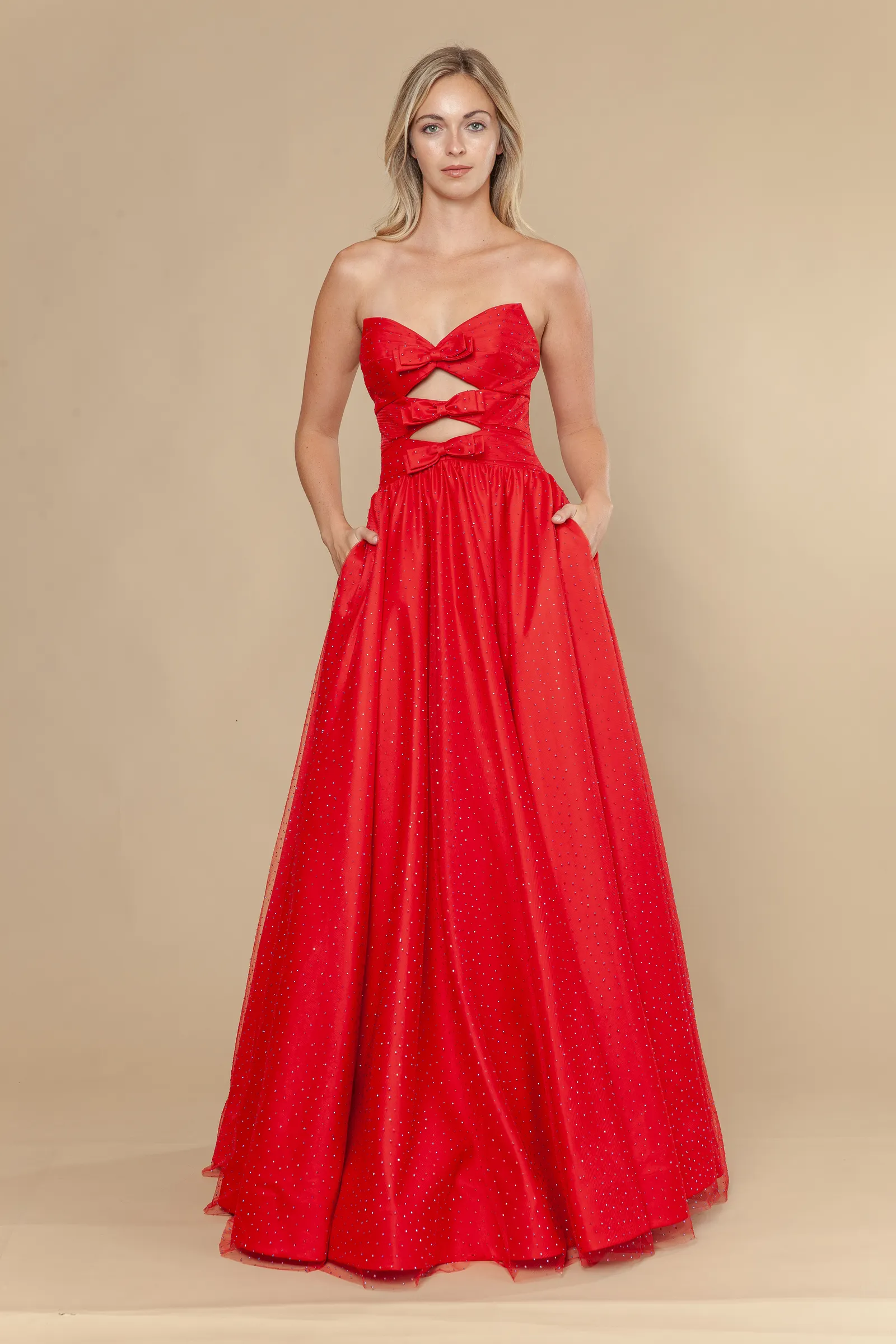 Poly USA red prom dress Style 25036 at Elizabeth's Boutique in Scranton PA, front view