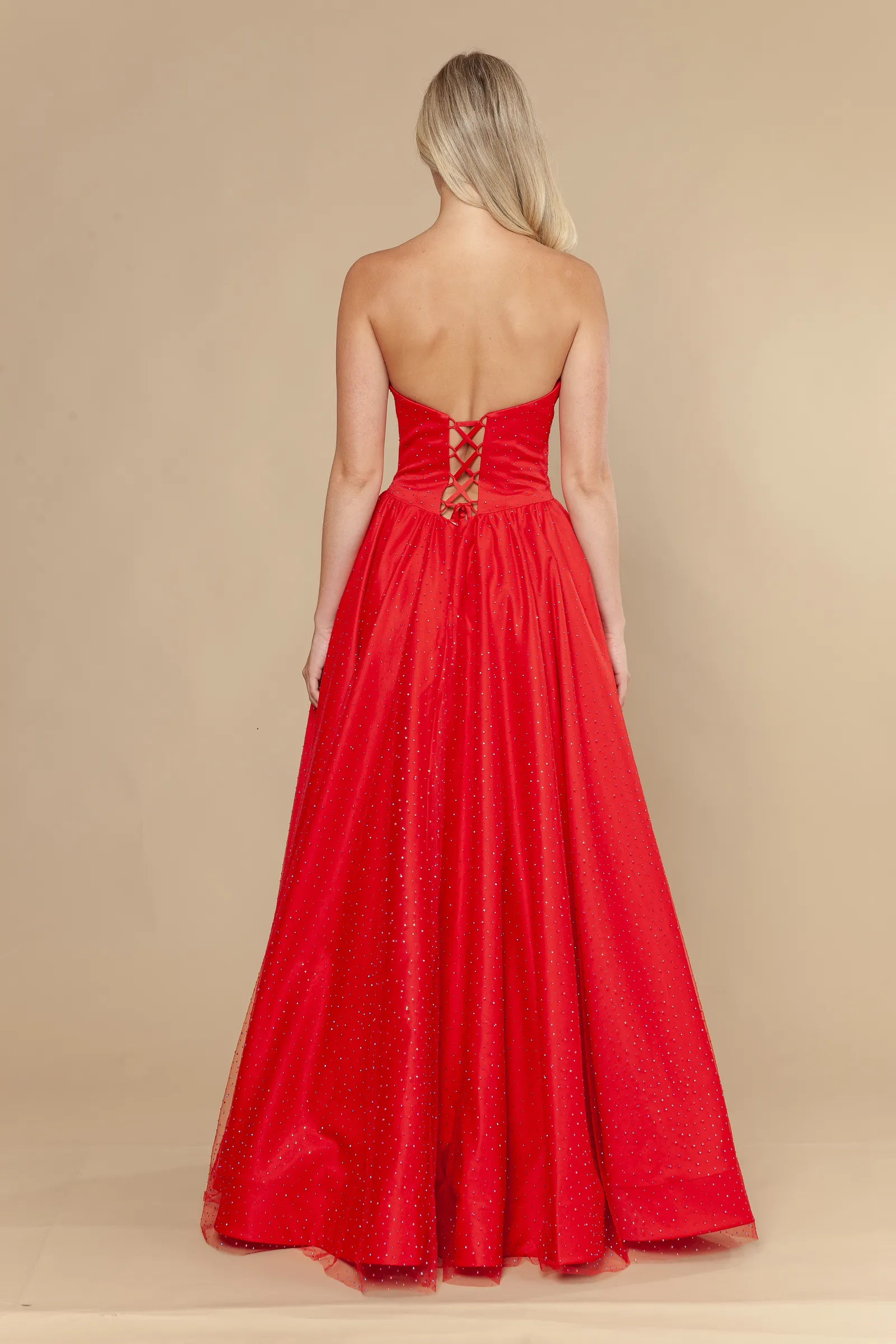 Poly USA red prom dress Style 25036 at Elizabeth's Boutique in Scranton PA, back view