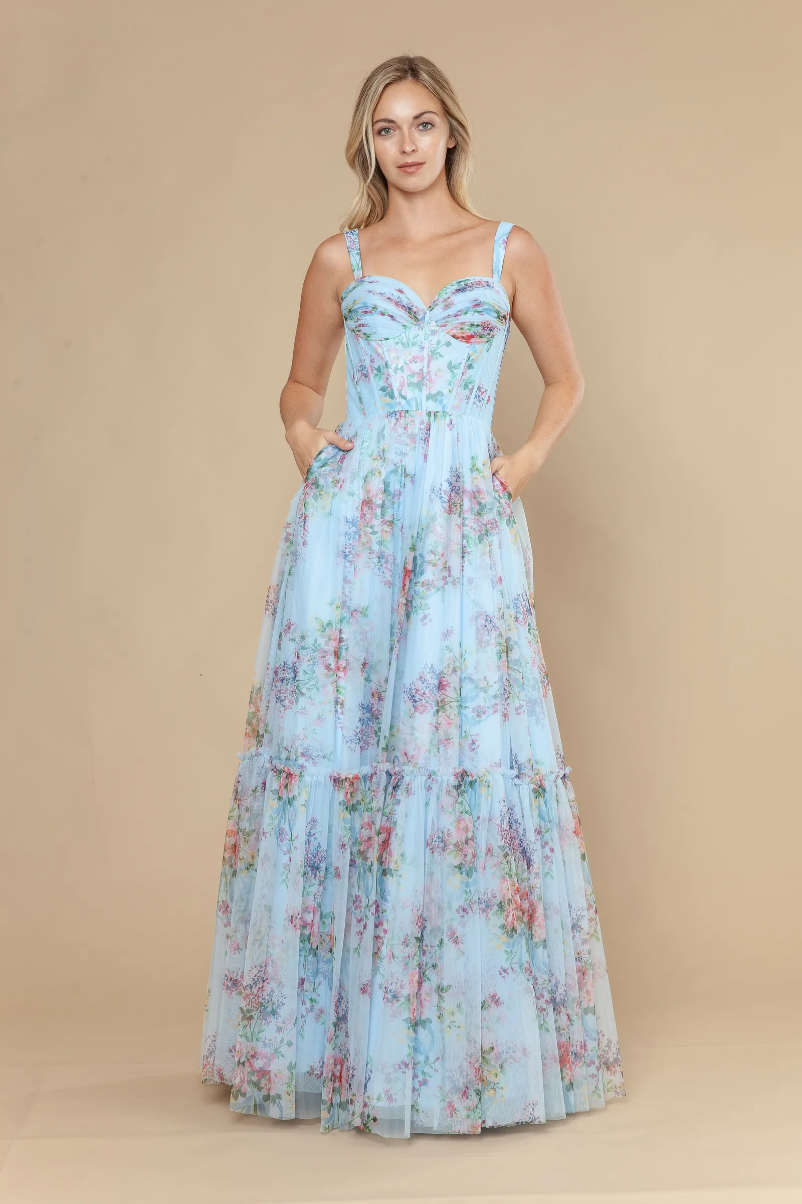 Poly USA blue prom dress Style 25038 at Elizabeth's Boutique in Scranton PA, front view