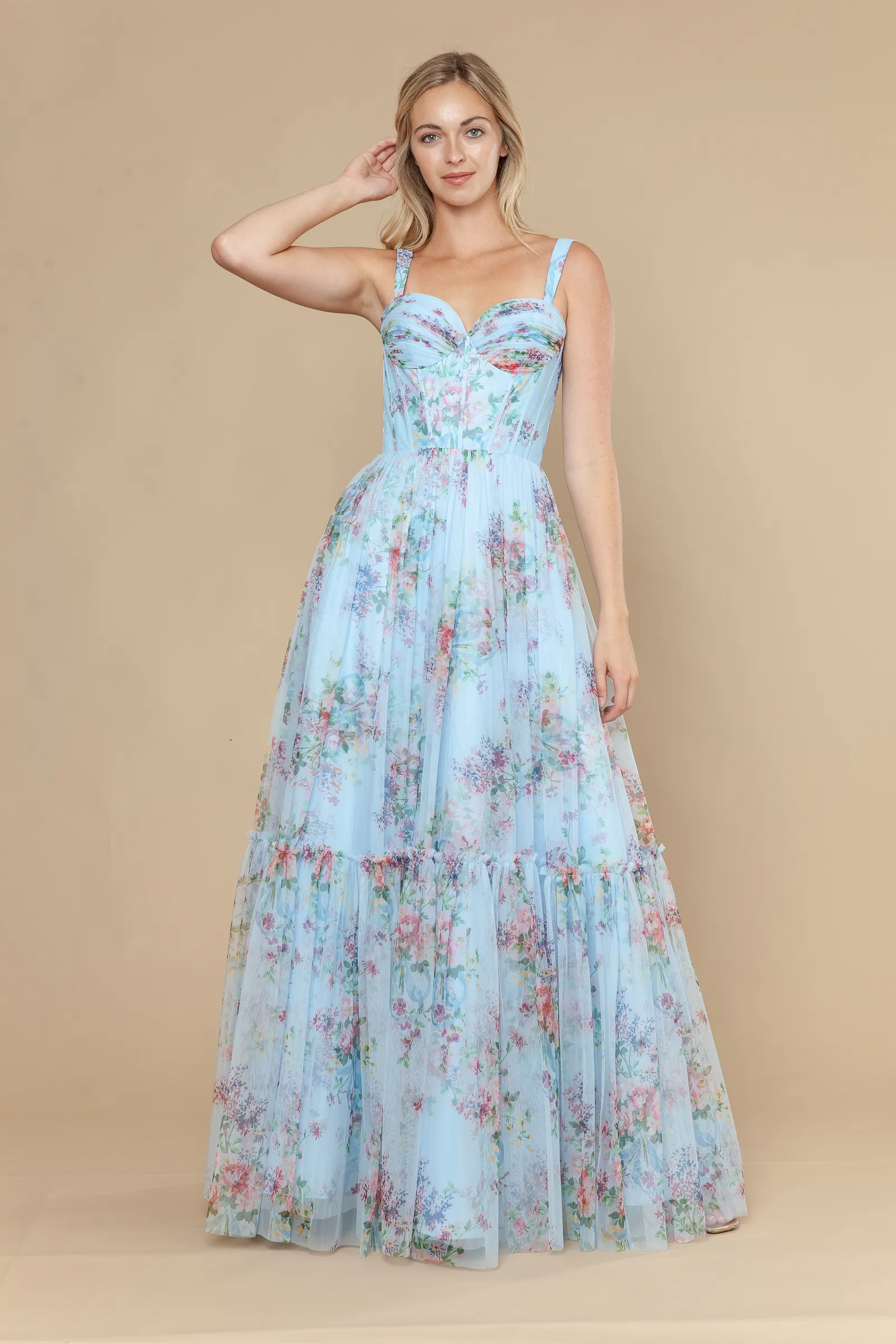 Poly USA blue prom dress Style 25038 at Elizabeth's Boutique in Scranton PA, back view