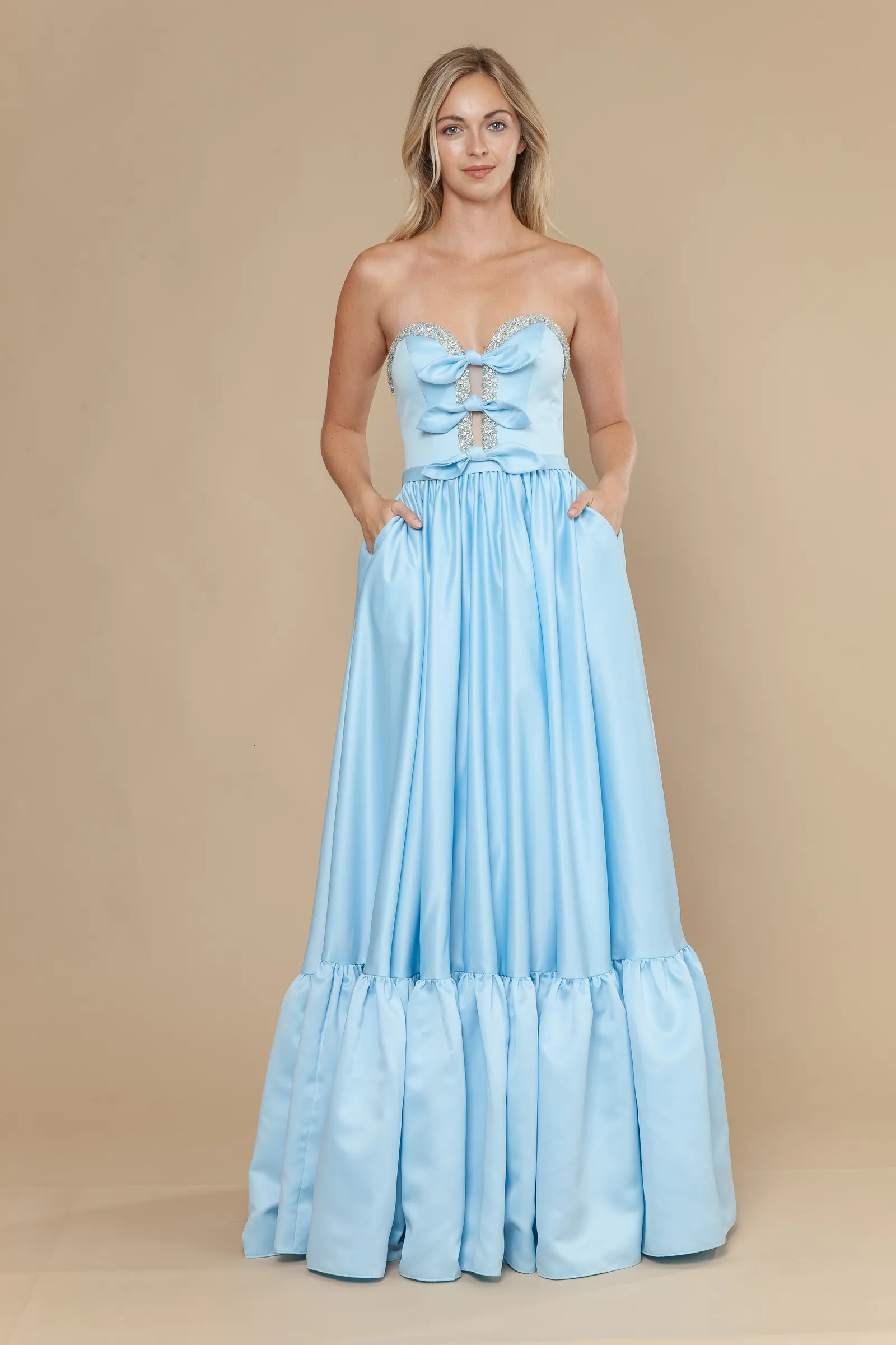Poly USA blue prom dress Style 25040 at Elizabeth's Boutique in Scranton PA, front view