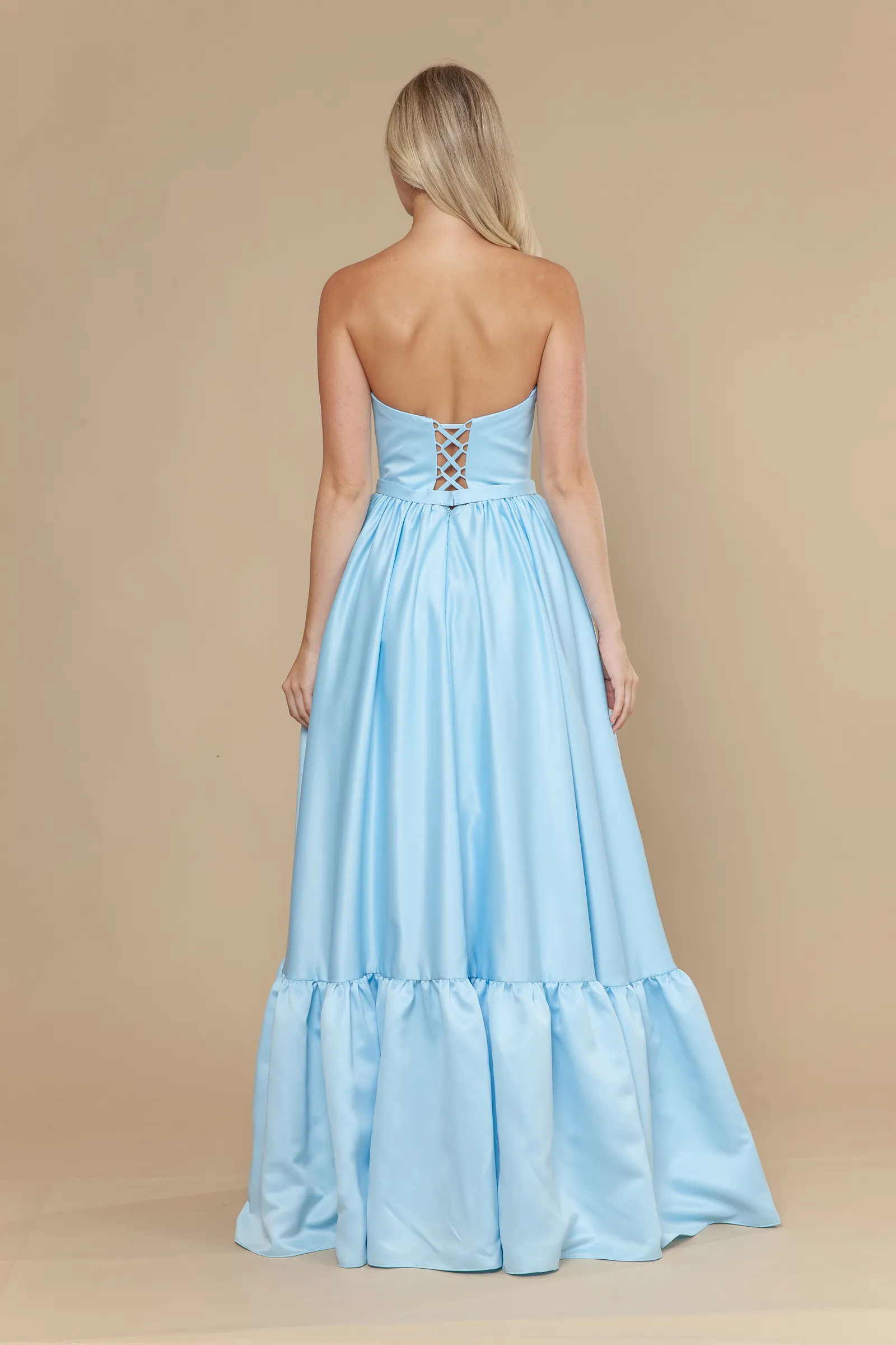 Poly USA blue prom dress Style 25040 at Elizabeth's Boutique in Scranton PA, back view