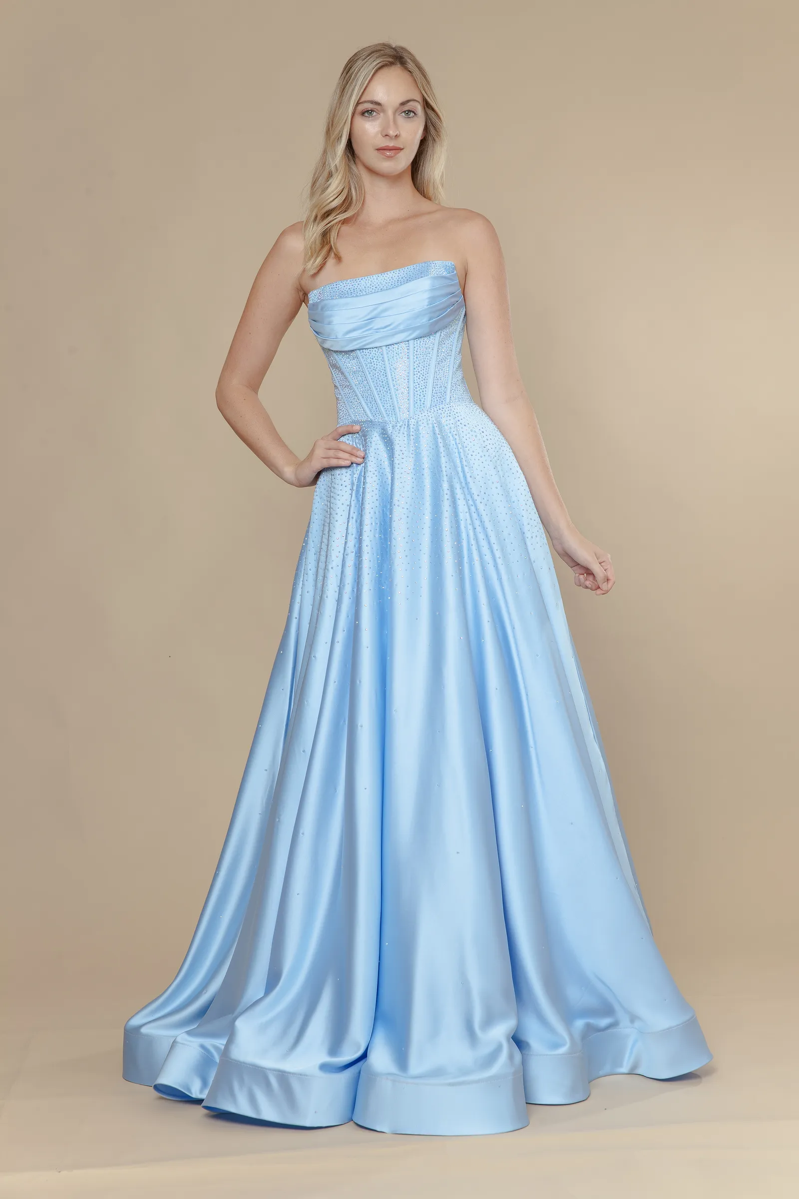 Poly USA blue prom dress Style 25132 at Elizabeth's Boutique in Scranton PA, front view