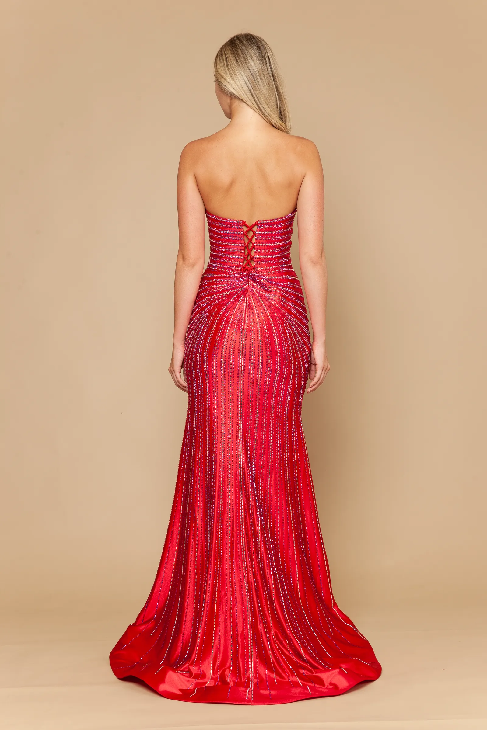 Poly USA red prom dress Style 25152 at Elizabeth's Boutique in Scranton PA, back view