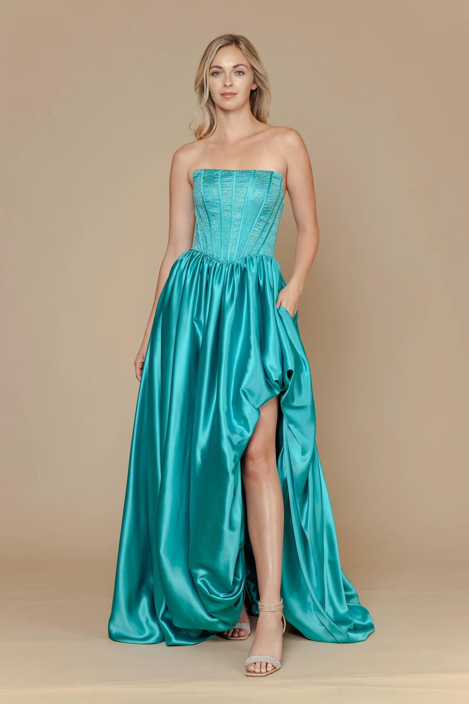 Poly USA jade prom dress Style 25156 at Elizabeth's Boutique in Scranton PA, front view