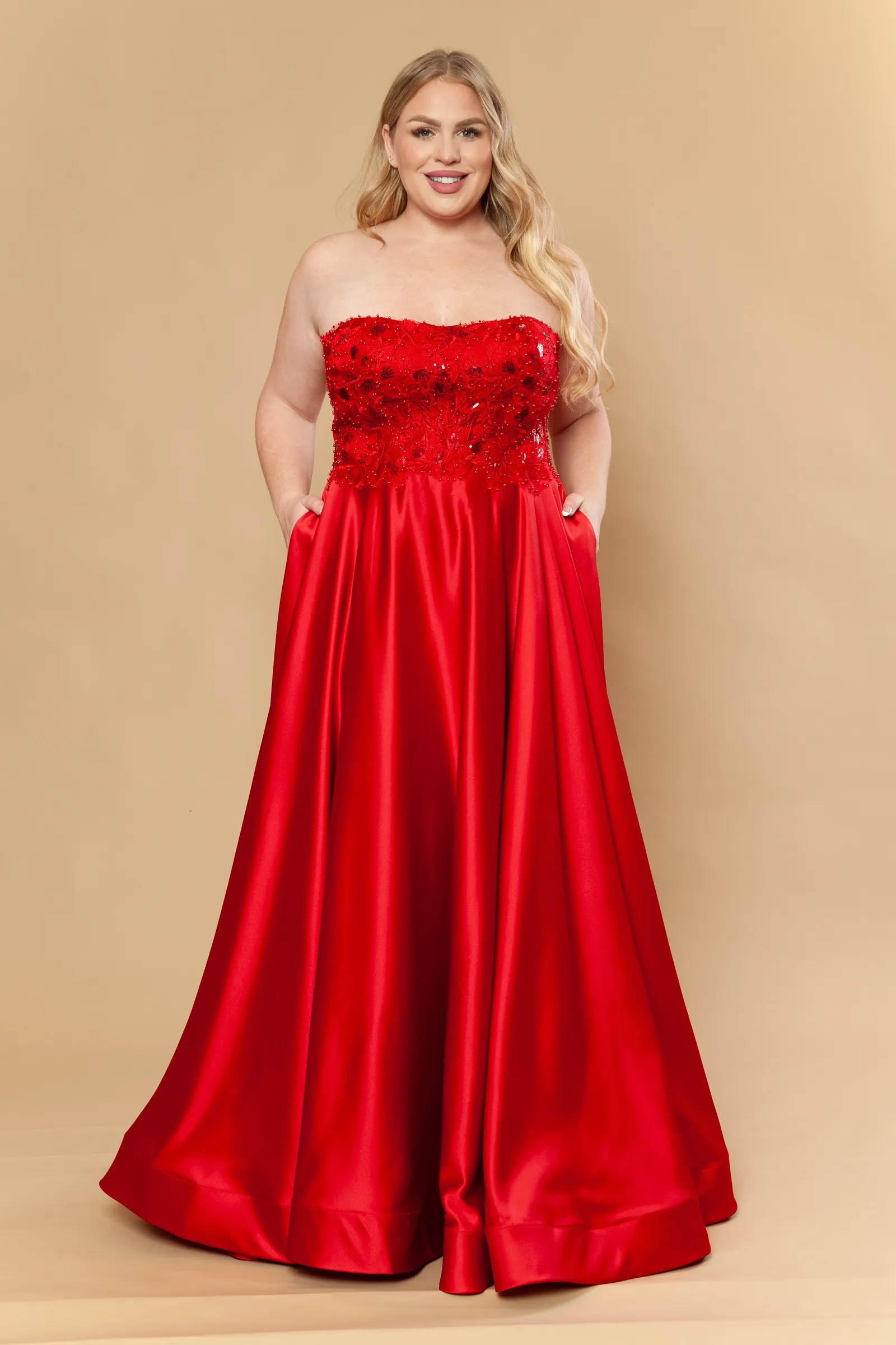 Poly USA red prom dress Style W1224 at Elizabeth's Boutique in Scranton PA, front view