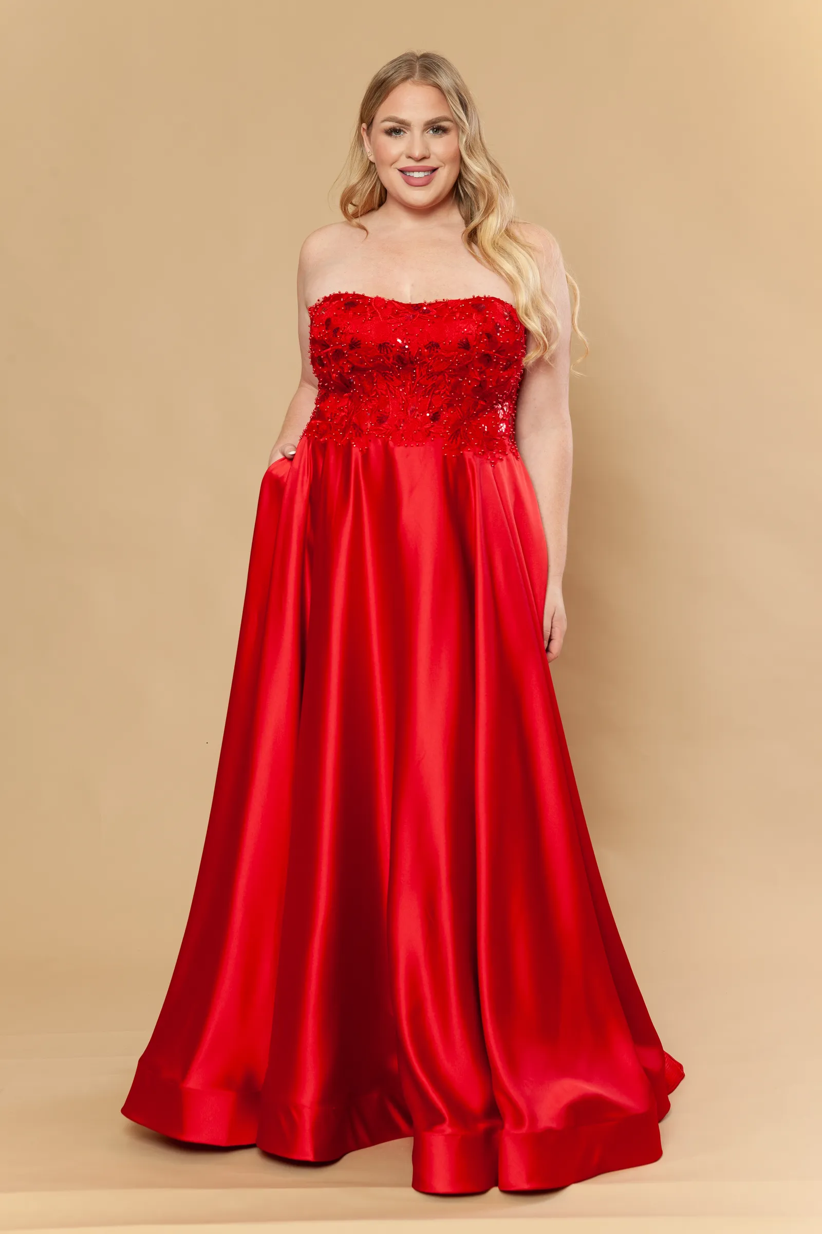 Poly USA red prom dress Style W1224 at Elizabeth's Boutique in Scranton PA, back view