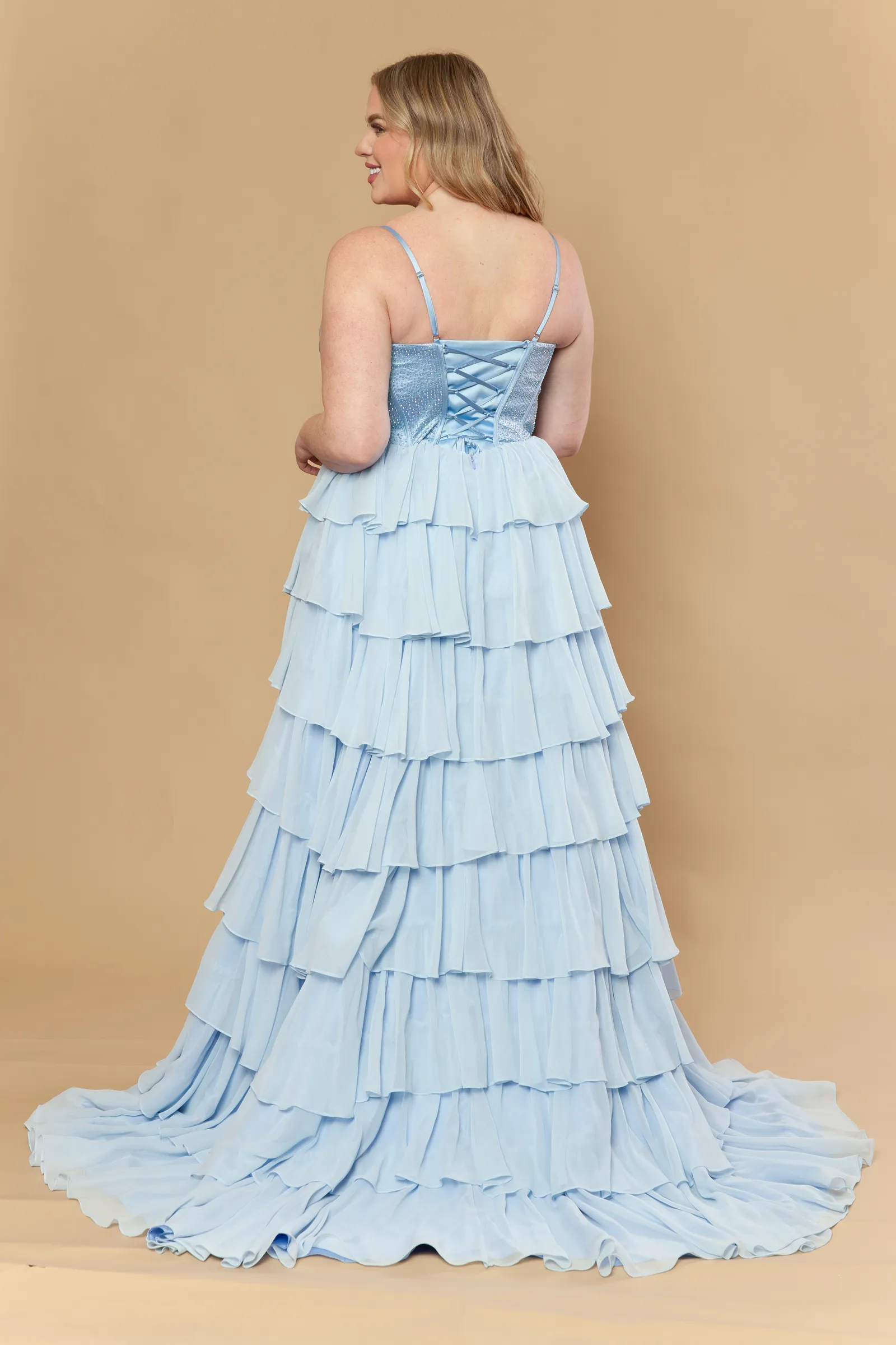 Poly USA blue prom dress Style W1250 at Elizabeth's Boutique in Scranton PA, back view