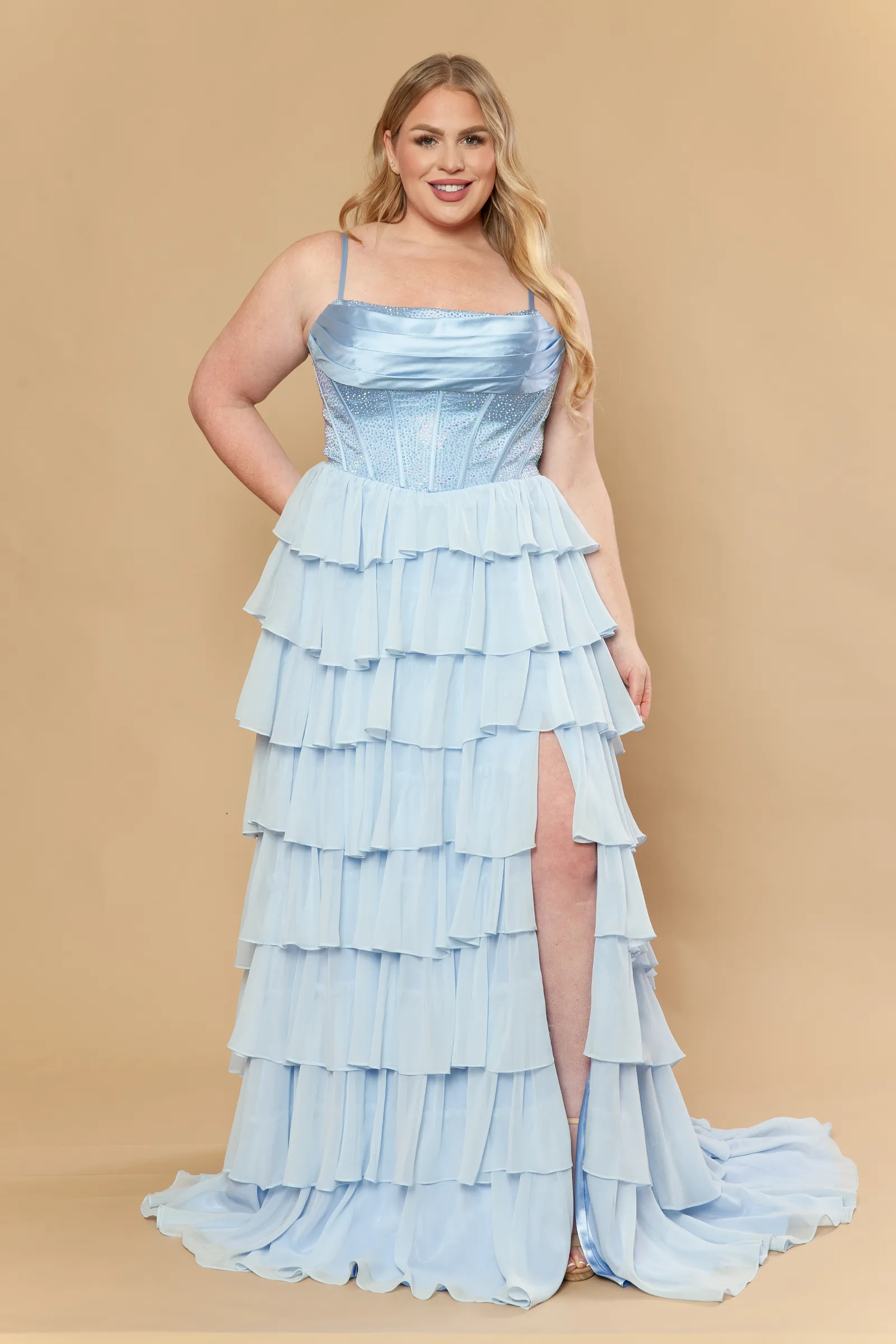 Poly USA blue prom dress Style W1250 at Elizabeth's Boutique in Scranton PA, front view