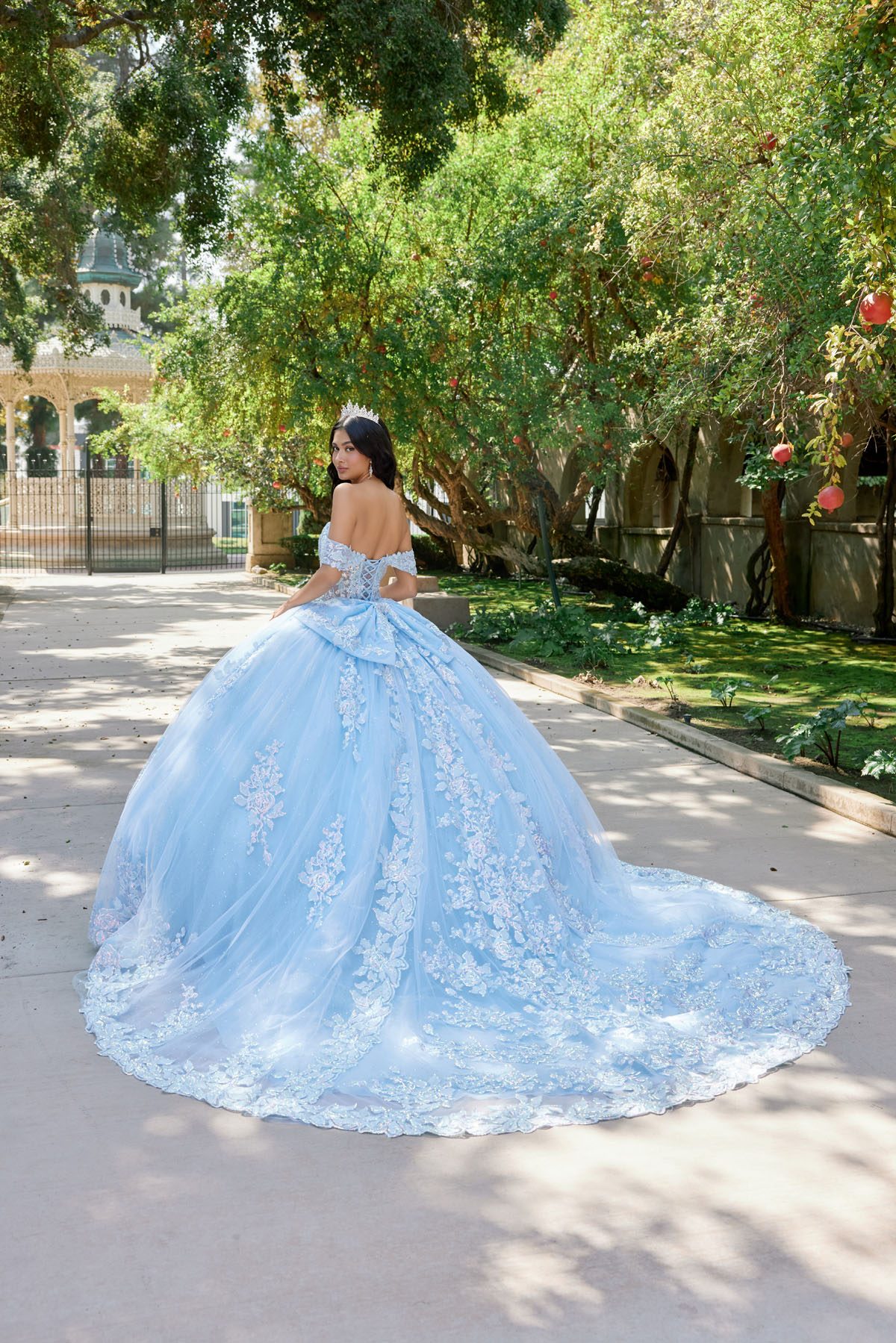 Juliet bahama blue formal dress Style 1458J at Elizabeth's Boutique in Scranton PA, back view