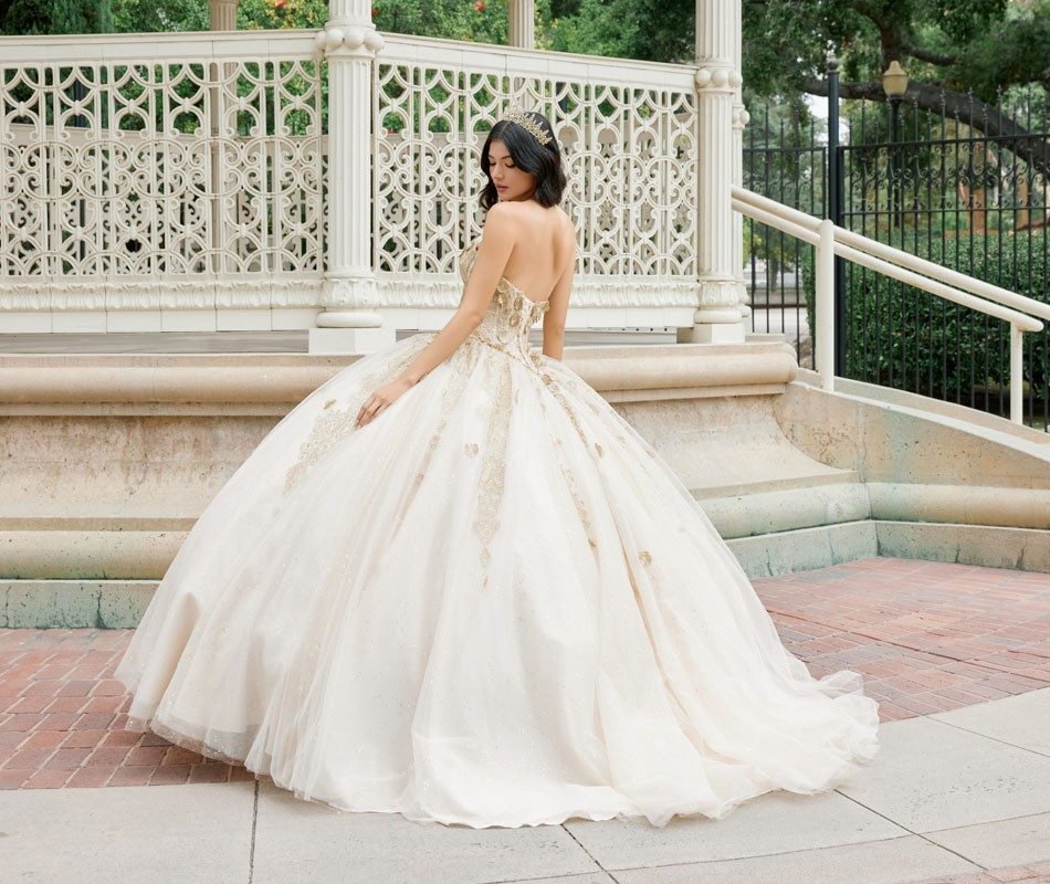 Juliet champagne formal dress Style 1465H at Elizabeth's Boutique in Scranton PA, back view