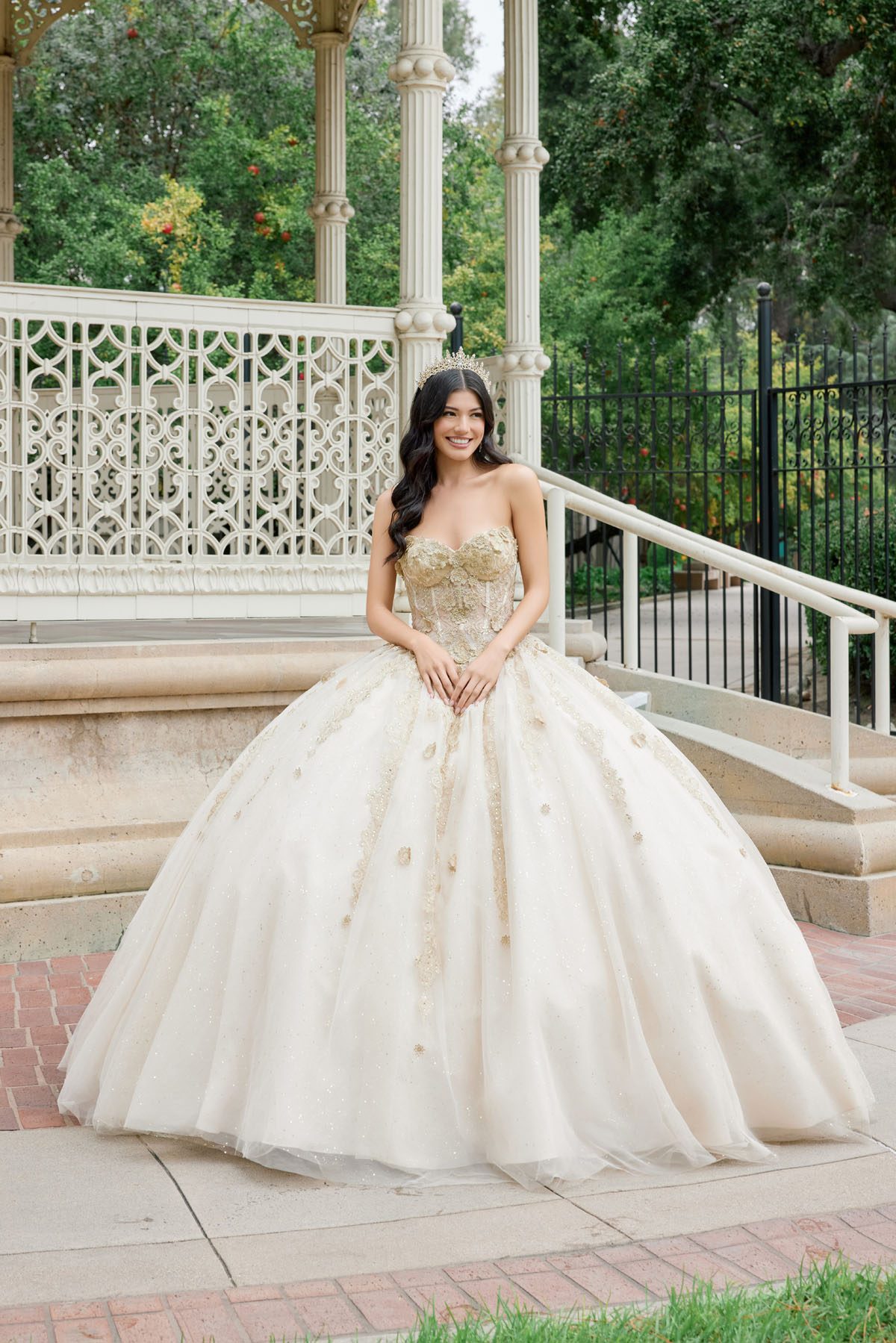 Juliet champagne formal dress Style 1465H at Elizabeth's Boutique in Scranton PA, front view
