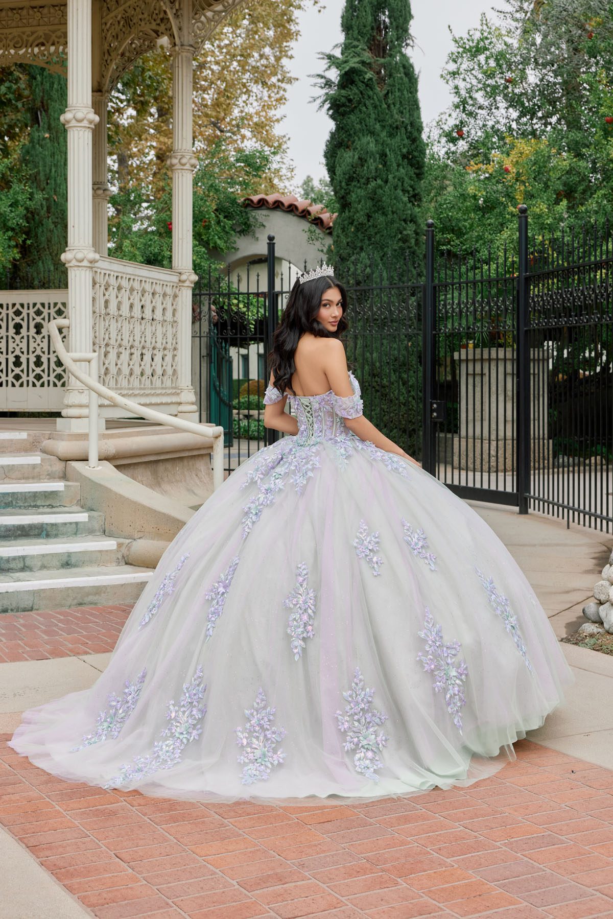 Juliet lila sage formal dress Style 1479J at Elizabeth's Boutique in Scranton PA, back view