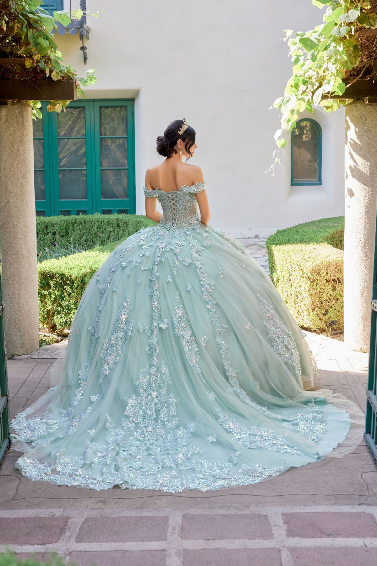 Juliet sage green formal dress Style 1485J at Elizabeth's Boutique in Scranton PA, back view