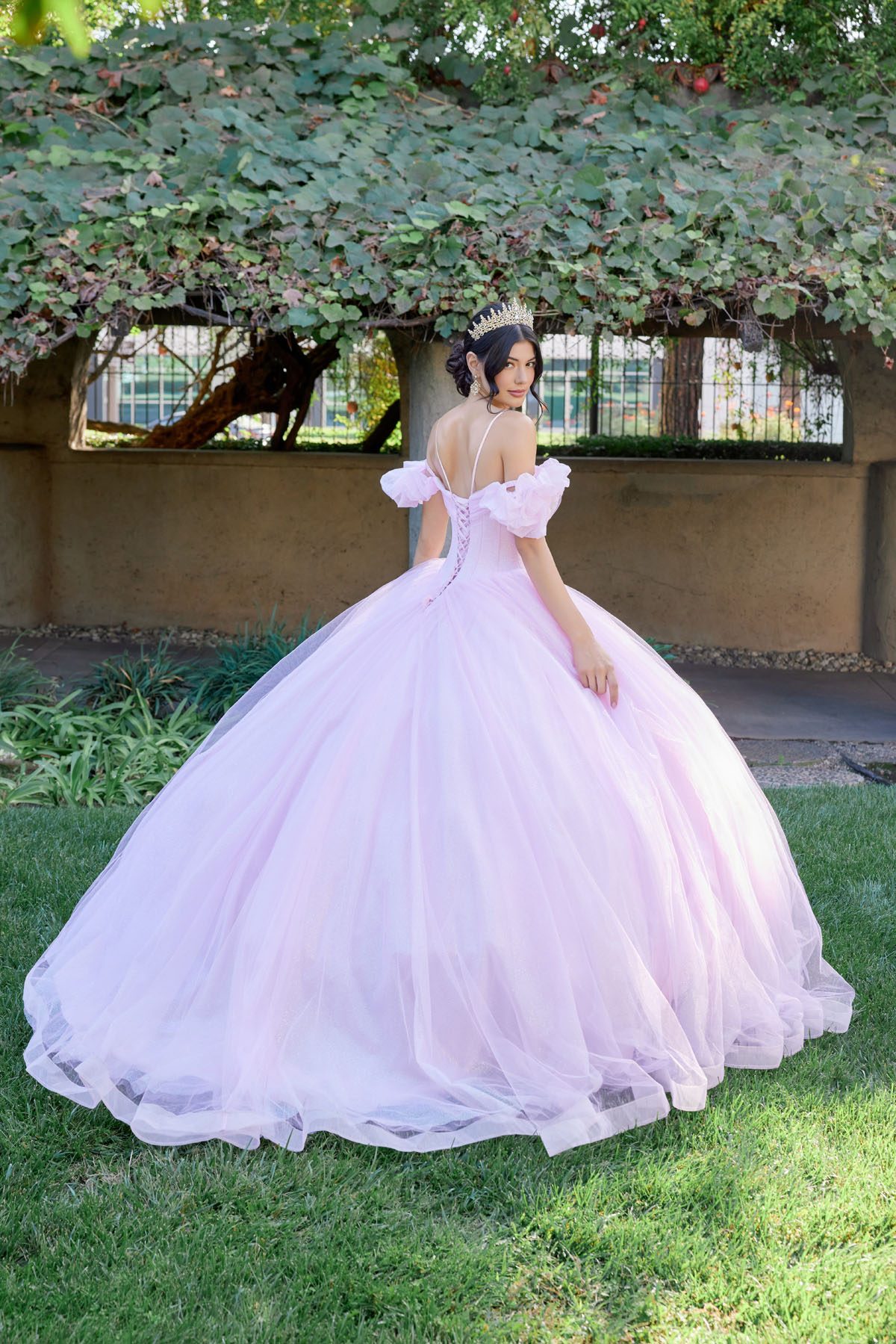 Juliet baby pink formal dress Style 1487H at Elizabeth's Boutique in Scranton PA, back view