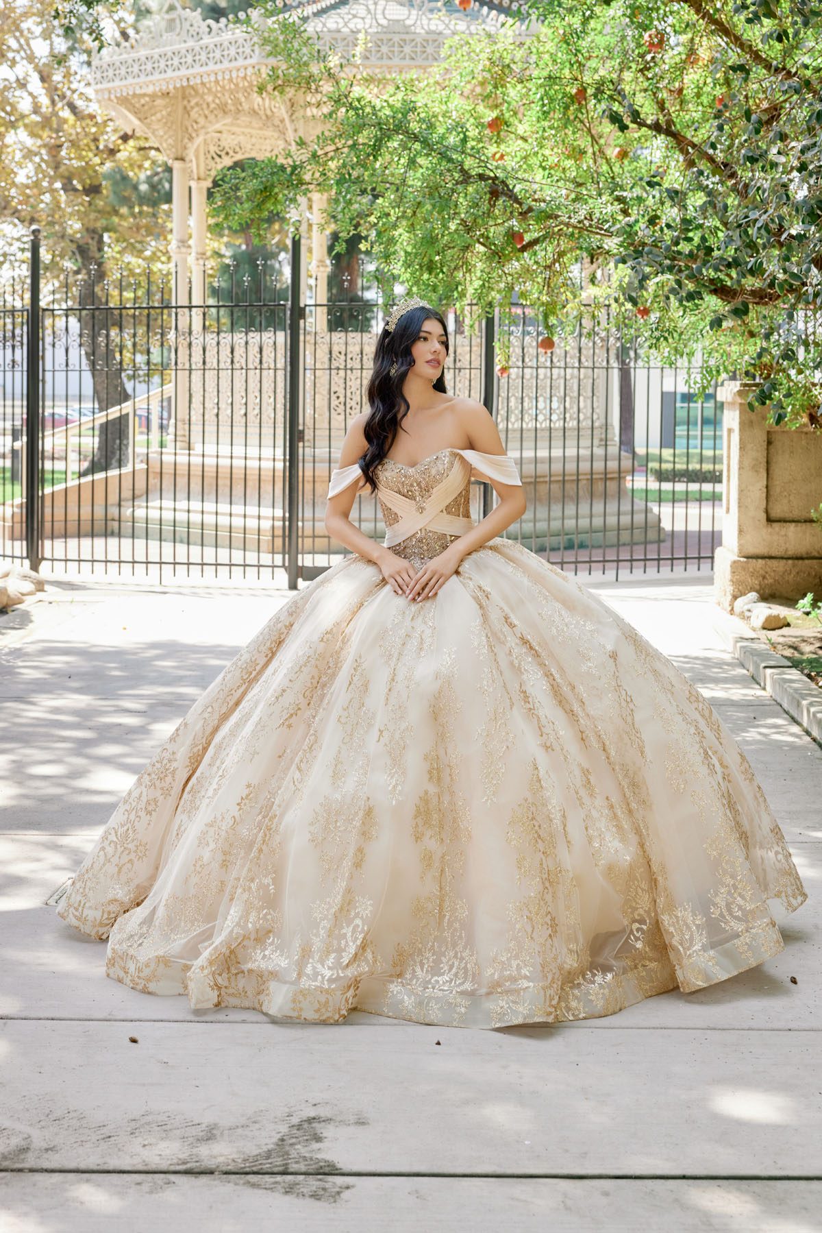 Juliet gold formal dress Style 1488H at Elizabeth's Boutique in Scranton PA, front view