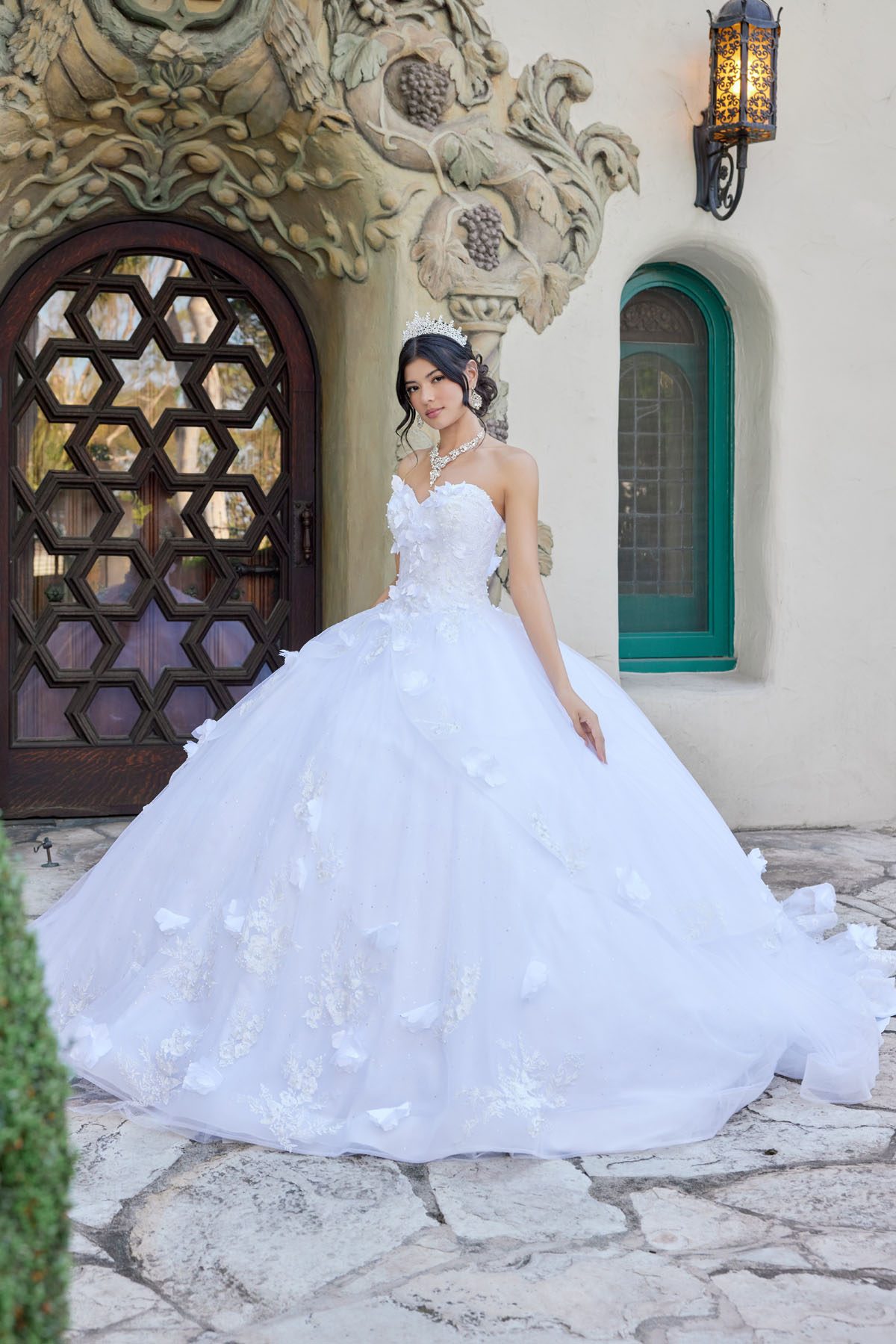 Juliet white formal dress Style 1495HW at Elizabeth's Boutique in Scranton PA, front view